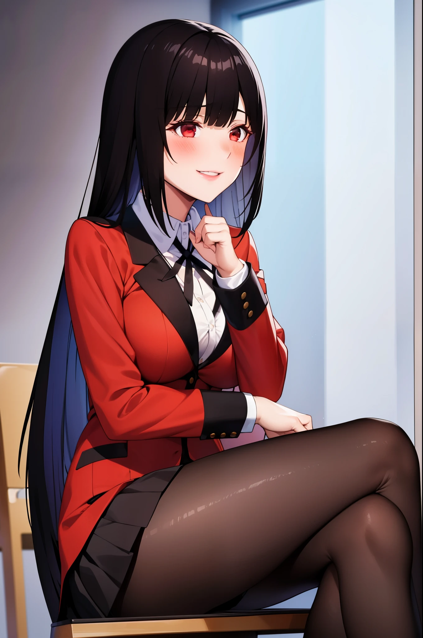 masterpiece, best quality, highres, hmjy1, long hair, blunt bangs, school uniform, red jacket, black pantyhose, white shirt, black ribbon, pleated skirt, long sleeves, cowboy shot, glowing eyes, blush, evil smile, sitting, classroom, dark background, crossed legs,