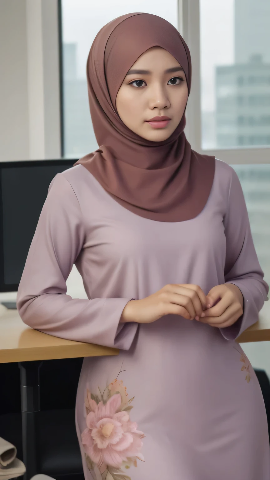 a 20 years old malay women in hijab wear floral pattern baju kurung seat in the office, night, serious face, nighttime, in the office movie style, hyper - realistic photography, dramatic effect, people working in background, pastel color grading, full body, 8k, close - up shot, extreme close - up photo