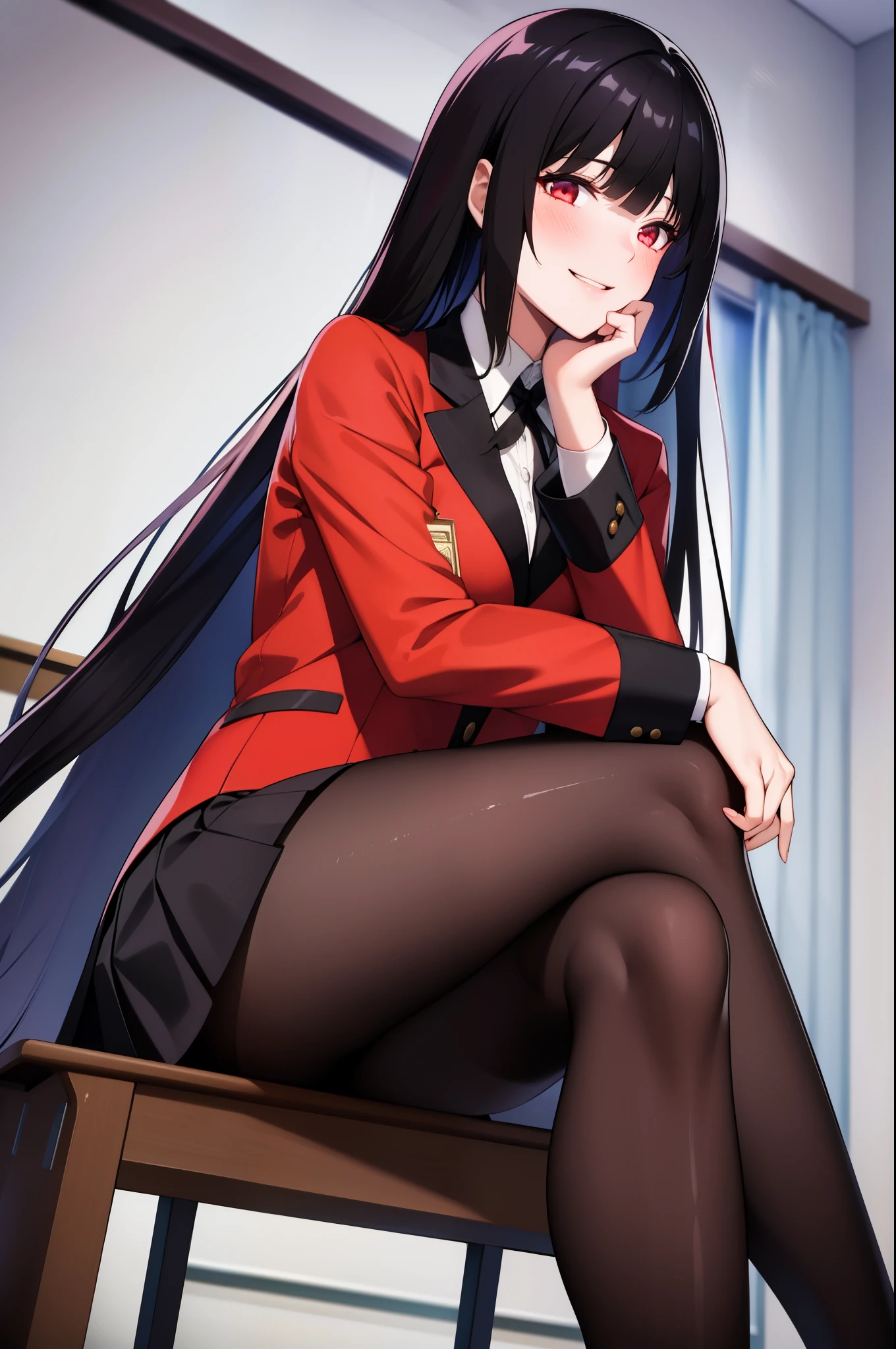 masterpiece, best quality, highres, hmjy1, long hair, blunt bangs, school uniform, red jacket, black pantyhose, white shirt, black ribbon, pleated skirt, long sleeves, cowboy shot, glowing eyes, blush, evil smile, sitting, classroom, dark background, crossed legs,