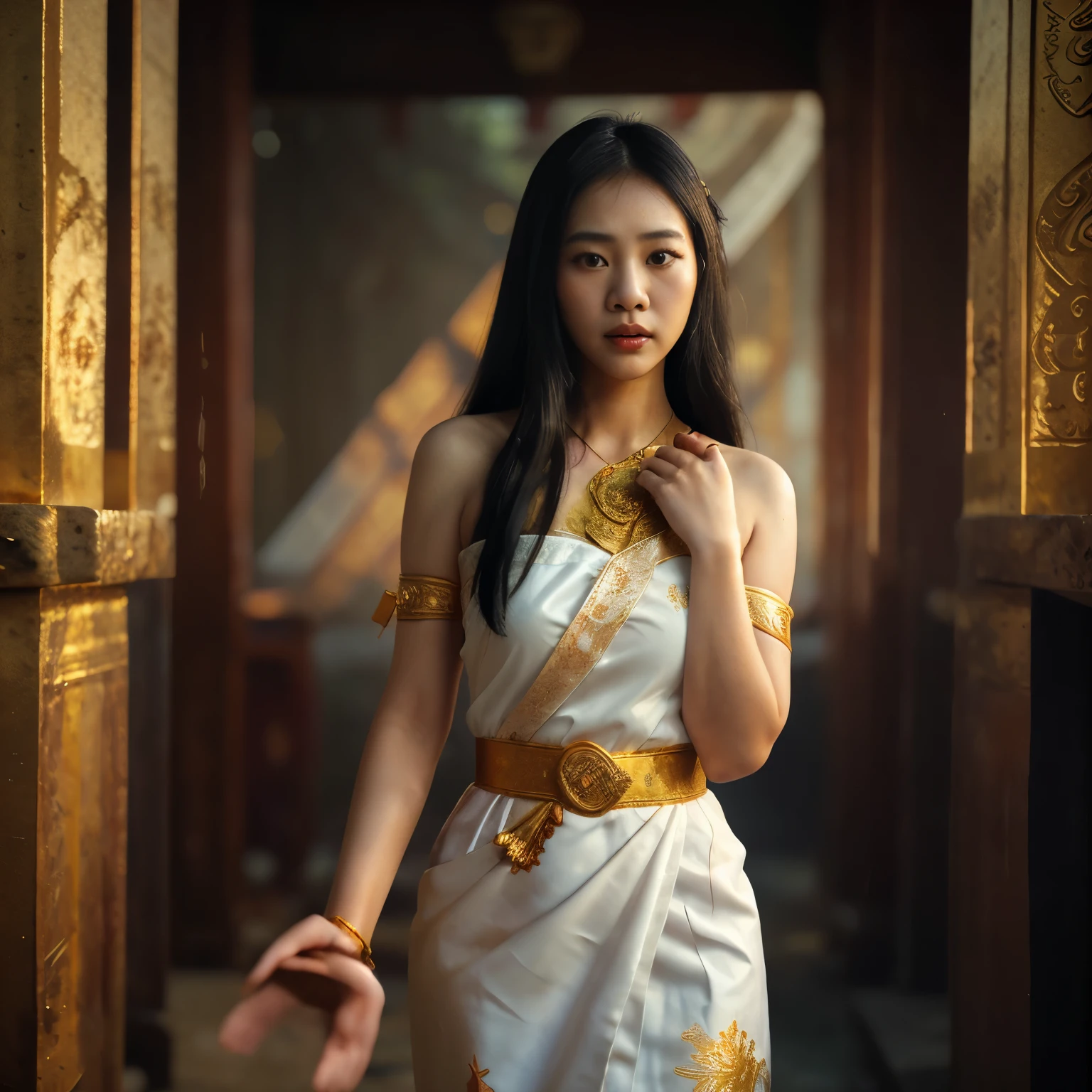 Thai woman, 28 years old , white dress with traditional Thai pattern, strapless, revealing shoulders, fabric falling off., Thai pattern gold jewelry, long black hair , red mouth, Beautiful face, Behind the scenes of an ancient Thai temple, raw, light and shadow,