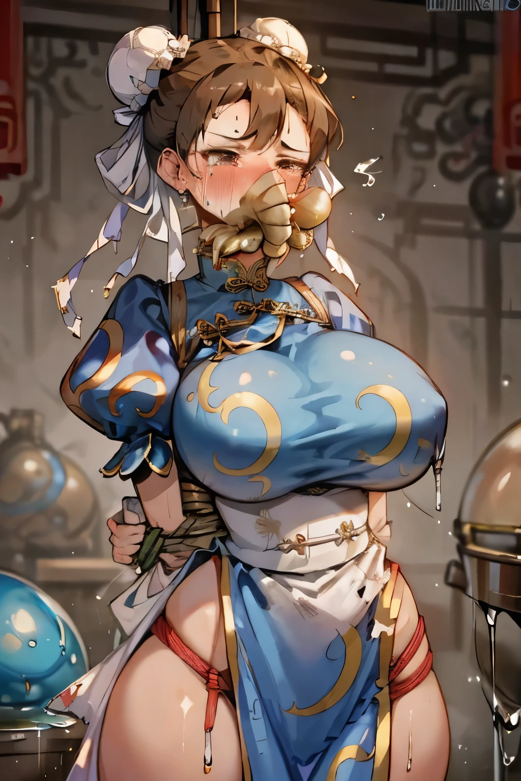 (facehugger), (monster),master piece, best quality, best detailed, NFSW, chun-li, sf2 chun, hair buns, covered buns, chinese dress, qipao, blue outfit, puffy sleeves, white belt, (torn clothes), huge saggy  breast, crying, BREAK, (her arms behind back), tied arms, shibari, bondage,weakness, hanged, restraint tentacle, sticky liquid on body,