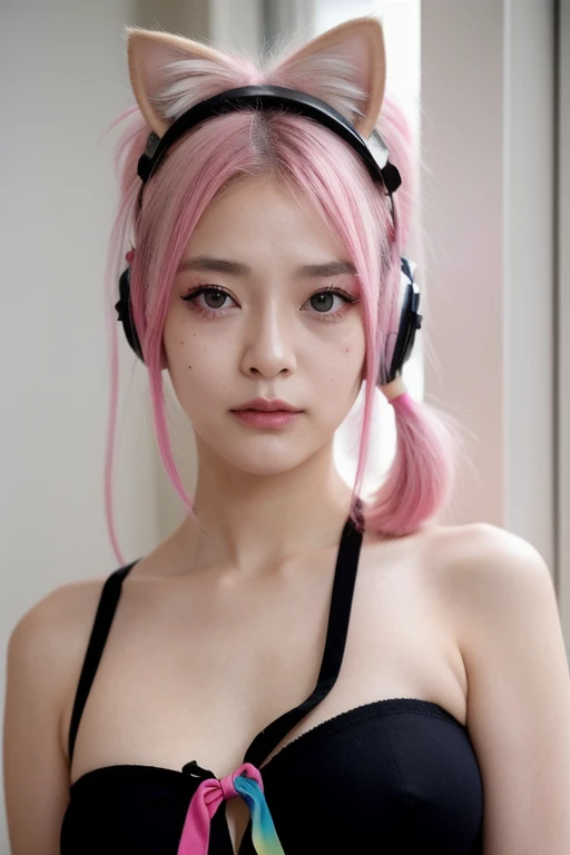 rainbow hair, ponytail, hairclip, hair ribbon, hair bow, maid headdress, goggles, mole under eye, heart-shaped pupils, cat ear headphones, bored, pink nipple flashes under transparent bra