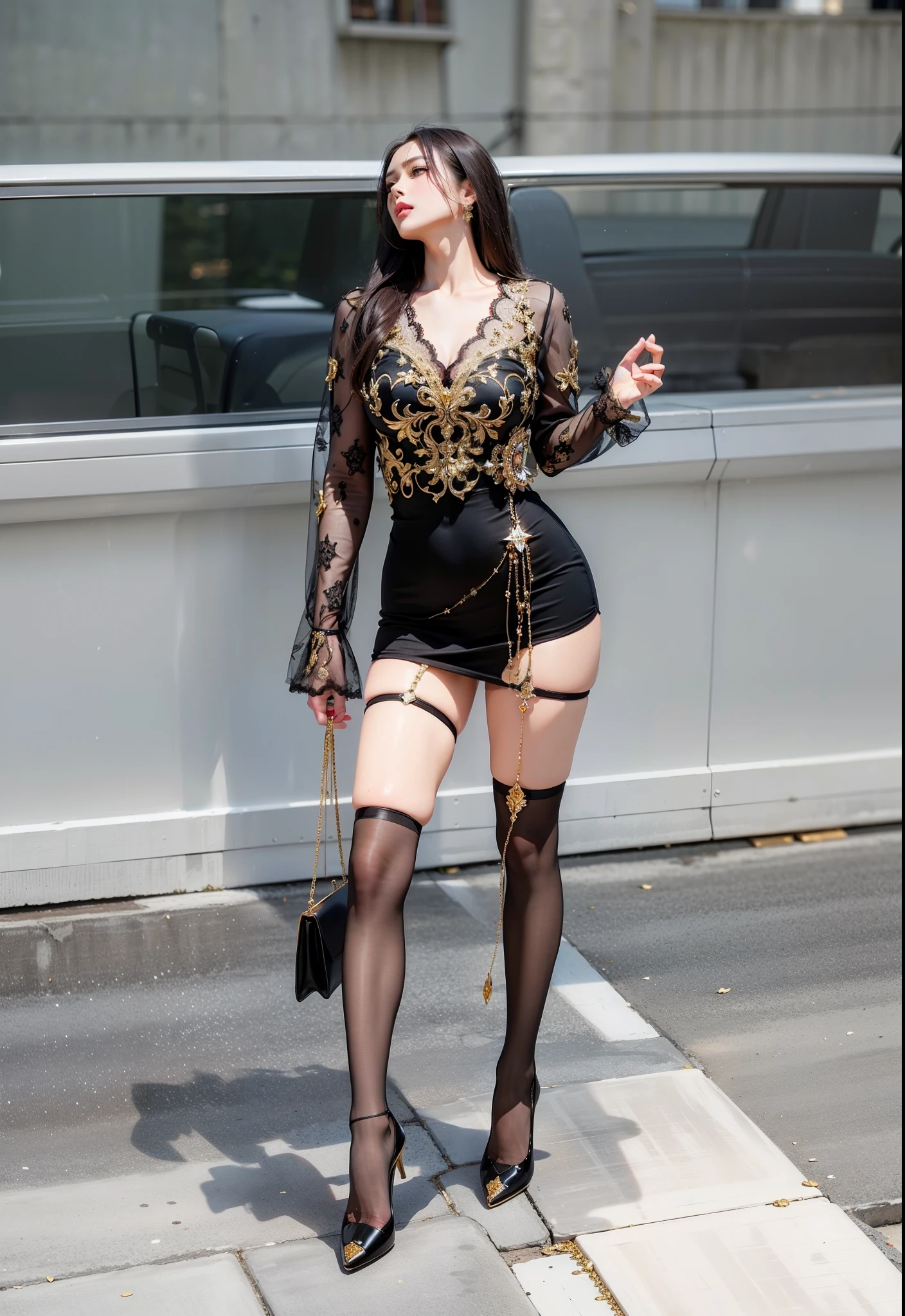 Royal sister，exquisite eyes，Detailed facial expressions，mature body，tall figure，number，Leg length，4K，HD，Sensual，White translucent lace，Fair and plump figure，pretty face，Little cherry mouth，beautiful and delicious（3D royal sister)，Gorgeous dress encrusted with gemstones crystal gold diamonds，Gold heels