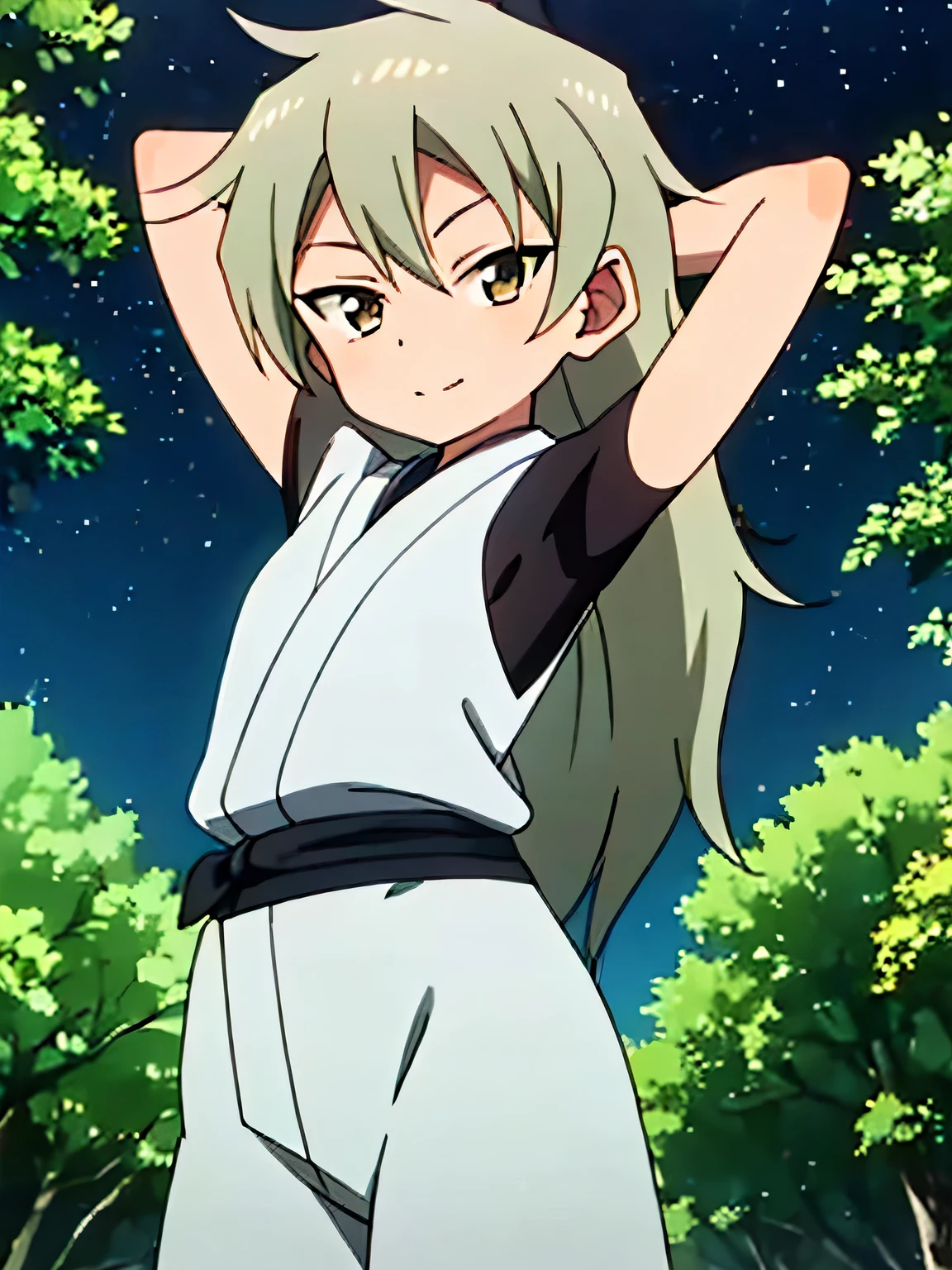 kunoichi_oniyuri, brown eyes, gray hair, long hair, japanese clothes, anime, closed mouth, solo, cowboy shot, night sky, forest, arms behind head, contrapposto, shy smile, spread armpits, shy smile,