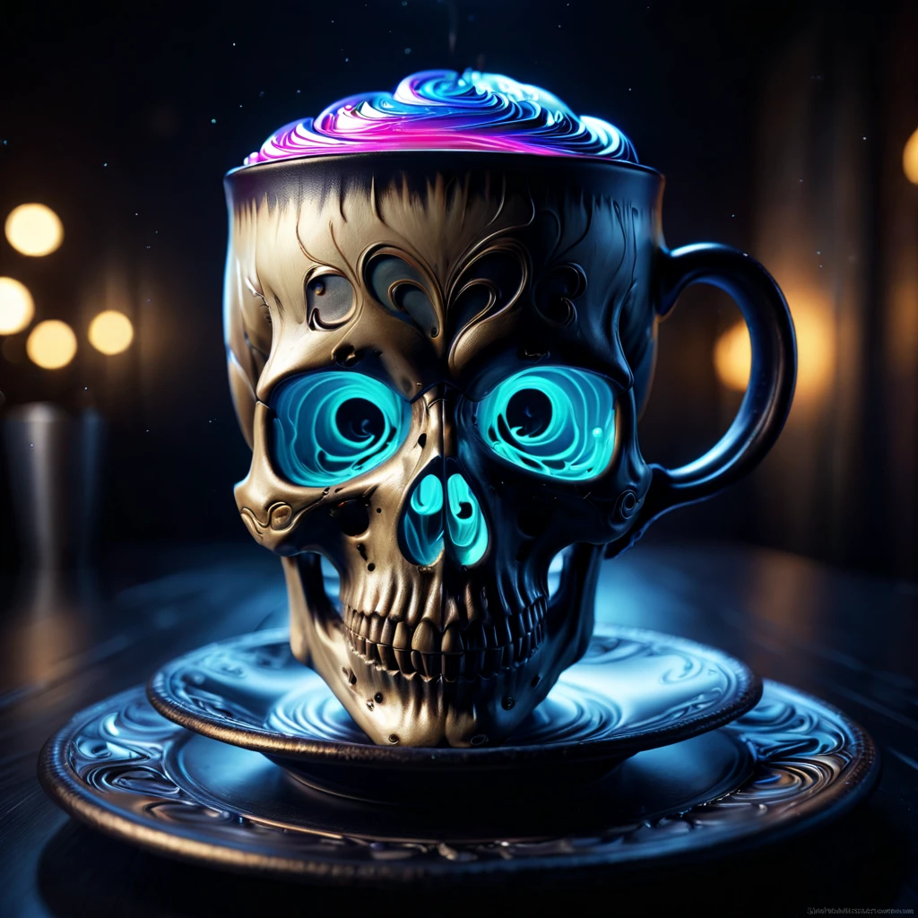 Latte art, skull shape captured in BlackLight painting style, cup edges and foam pattern glowing with enigmatic luminescence, octane render for hyperrealism, deep saturated darkness as background, Miki Asai inspired macro photography, artstation trending detail, Greg Rutkowski signature sharp focus, studio lighting, elaborate hyper-detailed composition, intricate texture, highly detailed, digital painting.