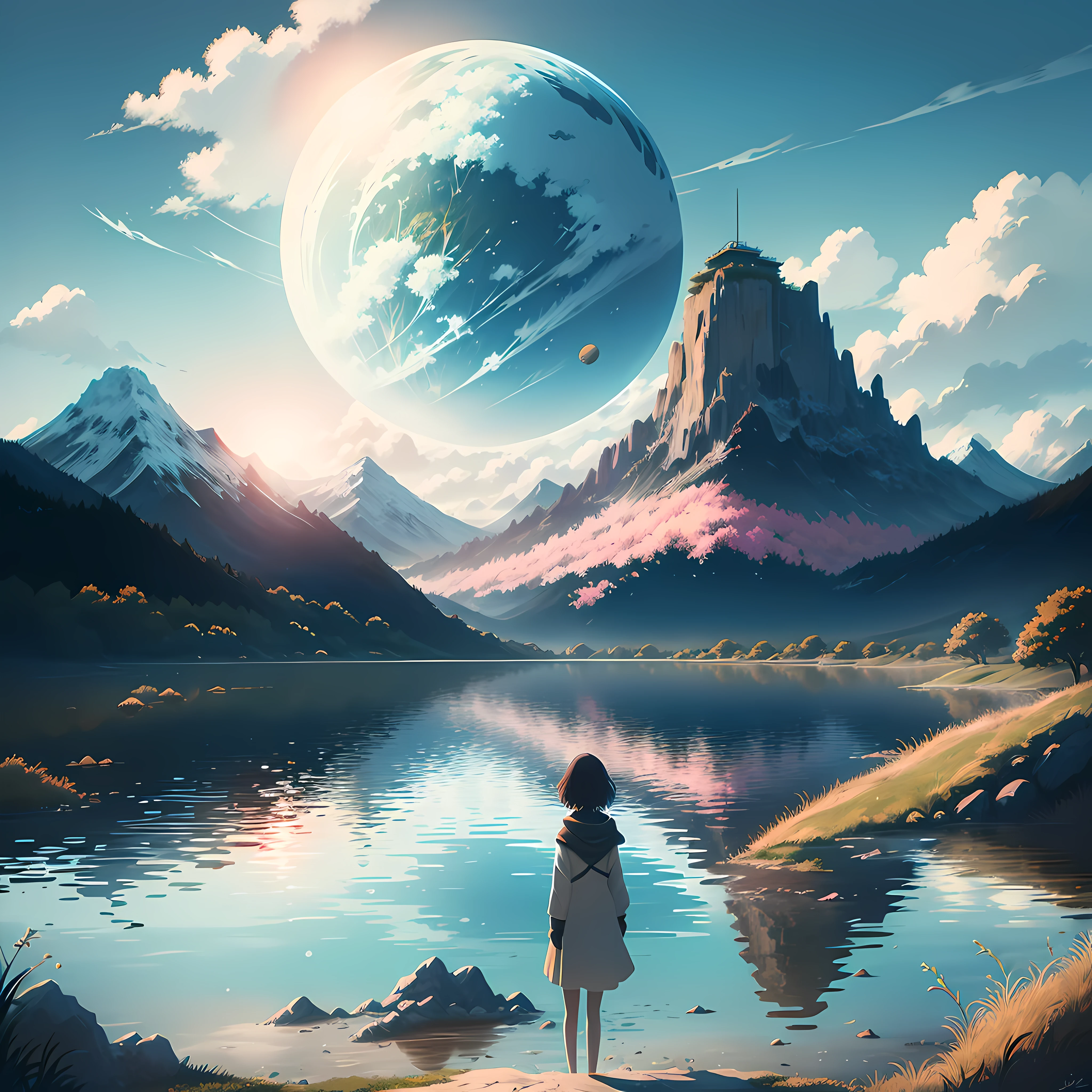 Il y a une femme debout sur un chemin qui regarde les montagnes, Paysages animés, Peinture numérique d&#39;une pagode, Paysage détaillé — largeur 672, paysage de campagne animé, Paysage japonais, paysage des studios Ghibli, réalisé avec le studio de peintre d&#39;animé, inspiré de Josetsu, beau paysage animé, montagnes du japon, peint dans un studio de peintre d&#39;animé, campagne au japon, Inspiré par Makoto Shinkai