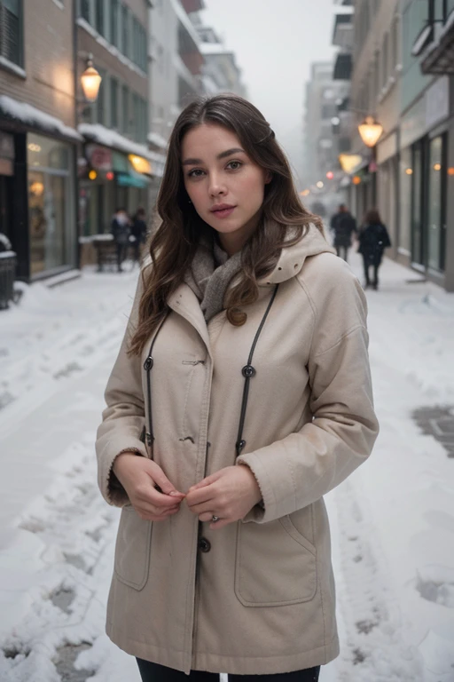 professional portrait photograph of a gorgeous Norwegian girl in winter clothing with long wavy blonde hair, gorgeous symmetrical face, cute natural makeup, wearing elegant warm winter fashion clothing, ((standing outside in snowy city street)), stunning modern urban environment, ultra realistic, concept art, elegant, highly detailed, intricate, sharp focus, depth of field, f/1. 8, 85mm, medium shot, mid shot, (((professionally color graded))), bright soft diffused light, (volumetric fog), trending on instagram, hdr 4k, 8k