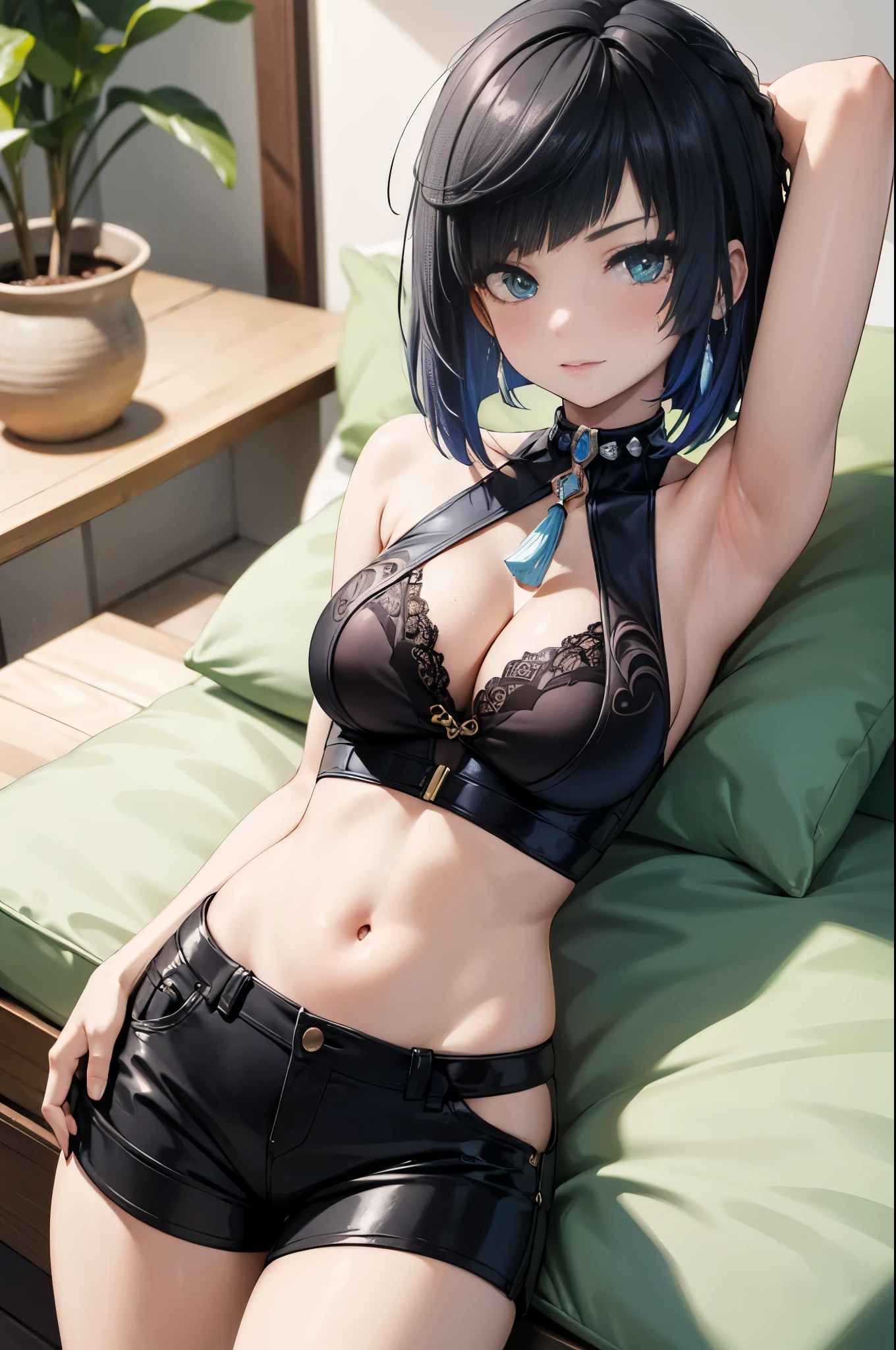 woman, 26 years old, short hair, proportional hands, Yelan anime eyes, perfect body, sensual cleavage, medium breasts, red sleeveless blouse, wearing black micro shorts, sexy shorts, vinyl shorts, Ultra HD, 4k image, image of best quality, (fidelity: 1.4), photoreal, light green eyes, eyelashes, beautiful pupil, shadows, slight blush, delicate facial features, reasonable facial features, exposed waist, natural poses