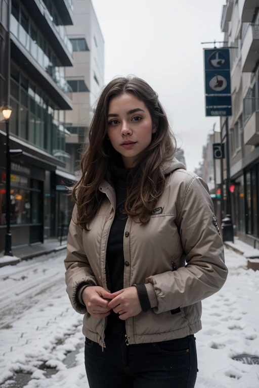 professional portrait photograph of a gorgeous Israel girl in winter clothing with long wavy blonde hair, sultry flirty look, gorgeous symmetrical face, cute natural makeup, wearing elegant warm winter fashion clothing, ((standing outside in snowy city street)), stunning modern urban environment, ultra realistic, concept art, elegant, highly detailed, intricate, sharp focus, depth of field, f/1. 8, 85mm, medium shot, mid shot, (((professionally color graded))), bright soft diffused light, (volumetric fog), trending on instagram, hdr 4k, 8k