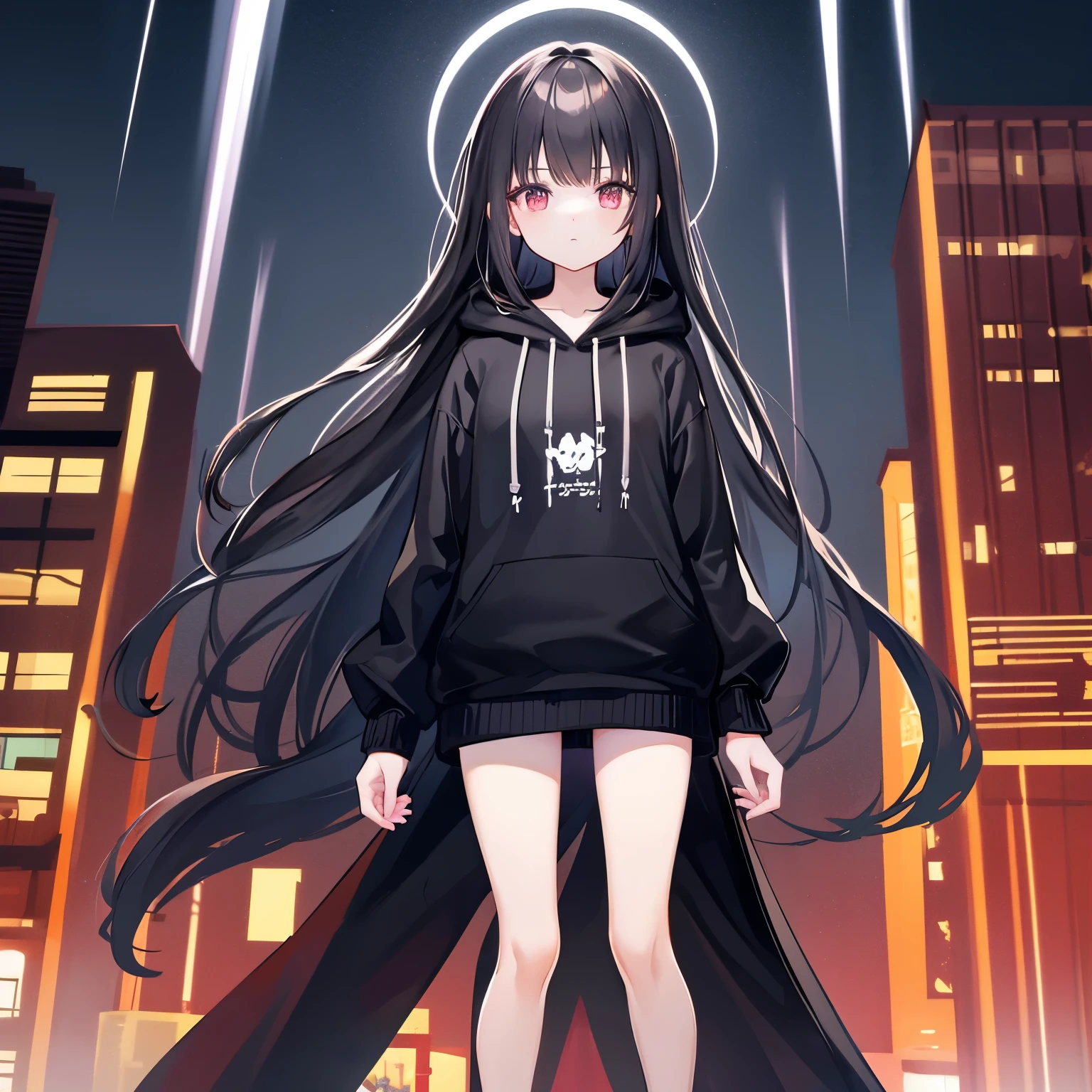 long haired woman black with bangs wearing a black hoodie jacket, ripped jeans, a background of Chinese buildings during a rainy night