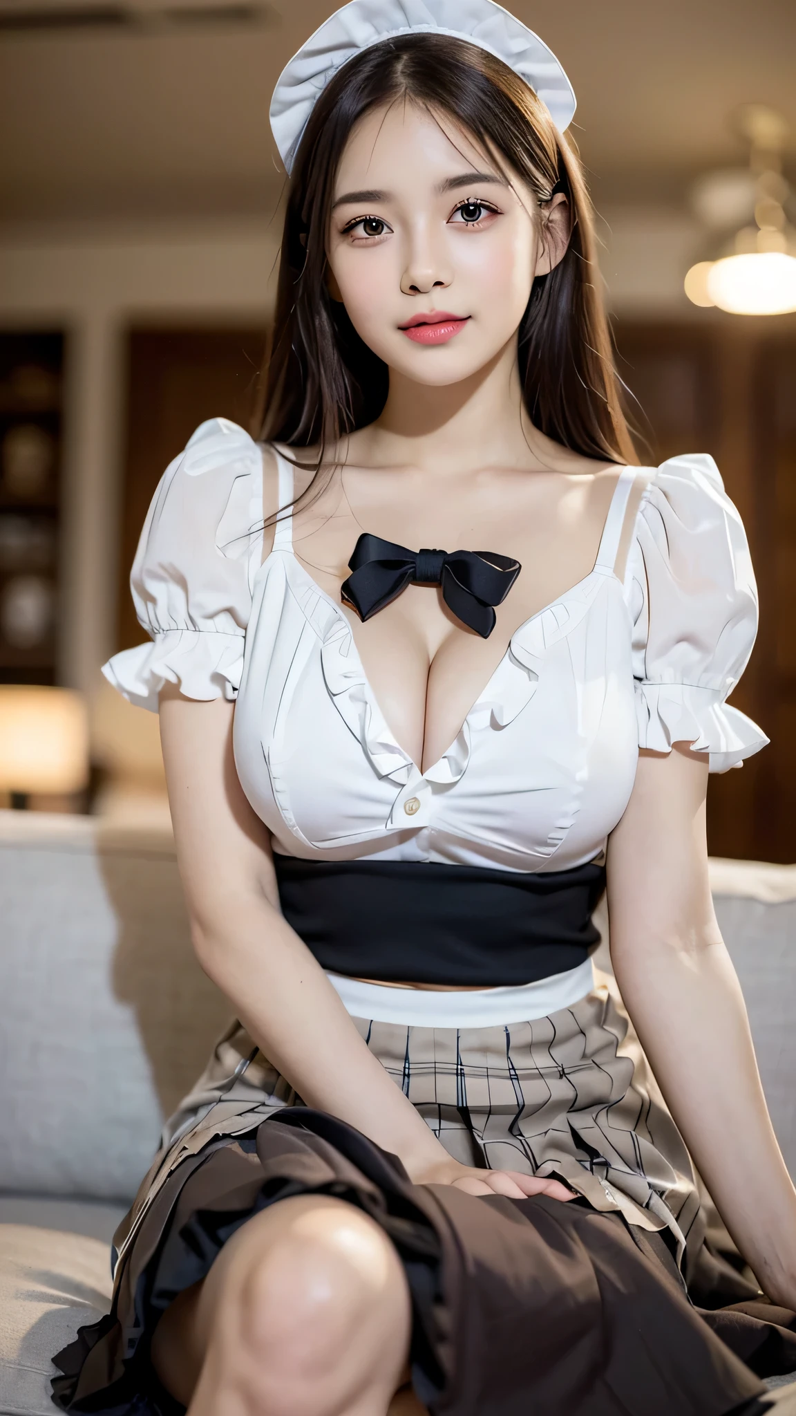 (ung girl), Brown hair, Amazing face and eyes, Pink eyes, enchanting smile, (Maid cafe costume with frills, Pleated mini-skirt:1.5), (Maid cafe costume with wide open breasts:1.2), (Beautiful big breasts:1.3), bared chest, (amazingly beautiful girl), Brown hair, stylish hair ornament, (Best Quality:1.4), (Ultra-detailed), (extremely detailed CG unified 8k wallpaper), Highly detailed, High-definition raw color photos, Professional Photography, sitting, sofa, (spread legs wide open), (no panties:1.5), (((Bokeh))), depth of fields, (View from below),