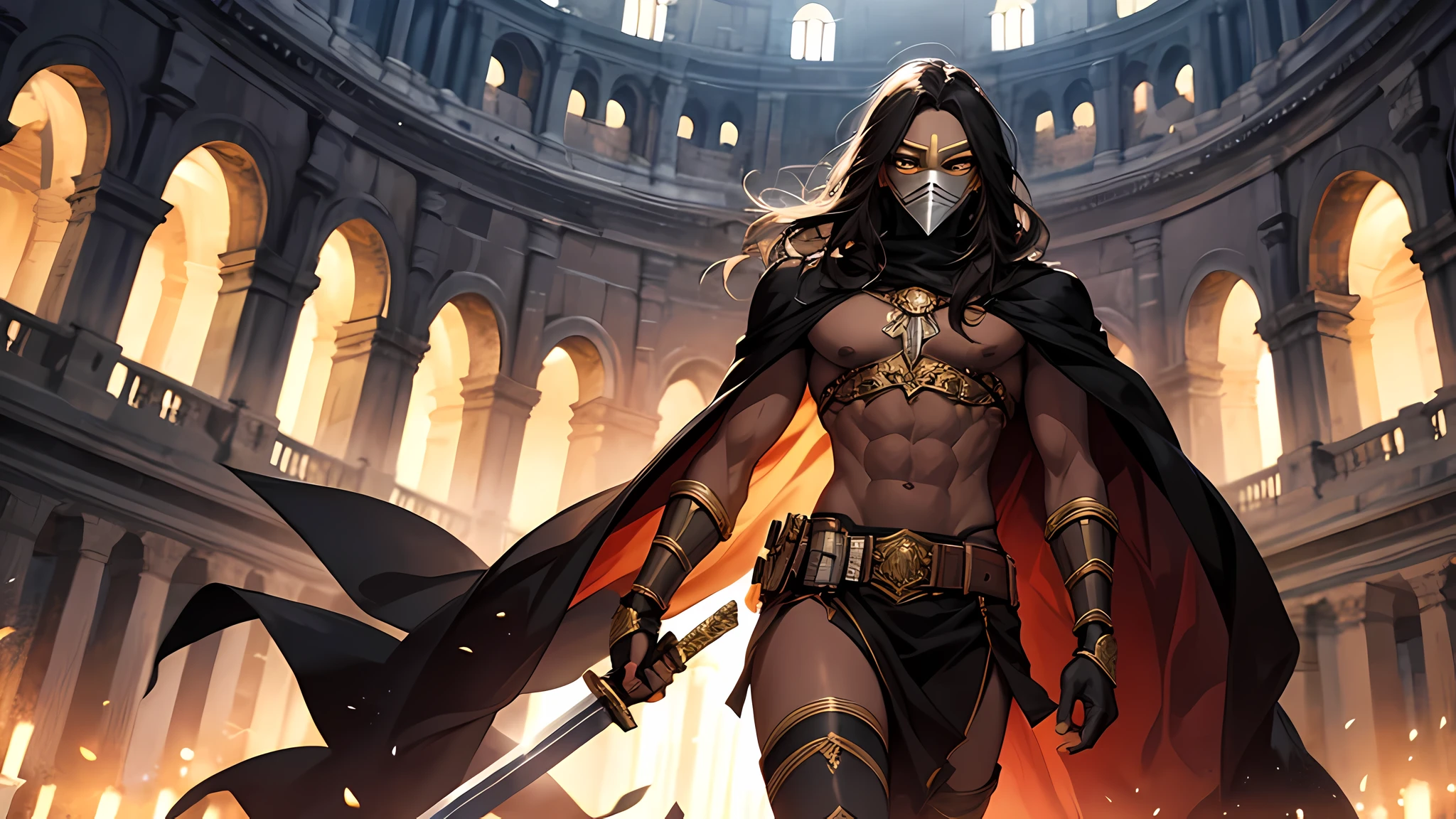 thin young man, dark skin wearing mask, V-shaped vendetta wears a golden mask, holding sword, in a center of colloseum arena, gladiator, intricate muscular details, long black hair tied up
