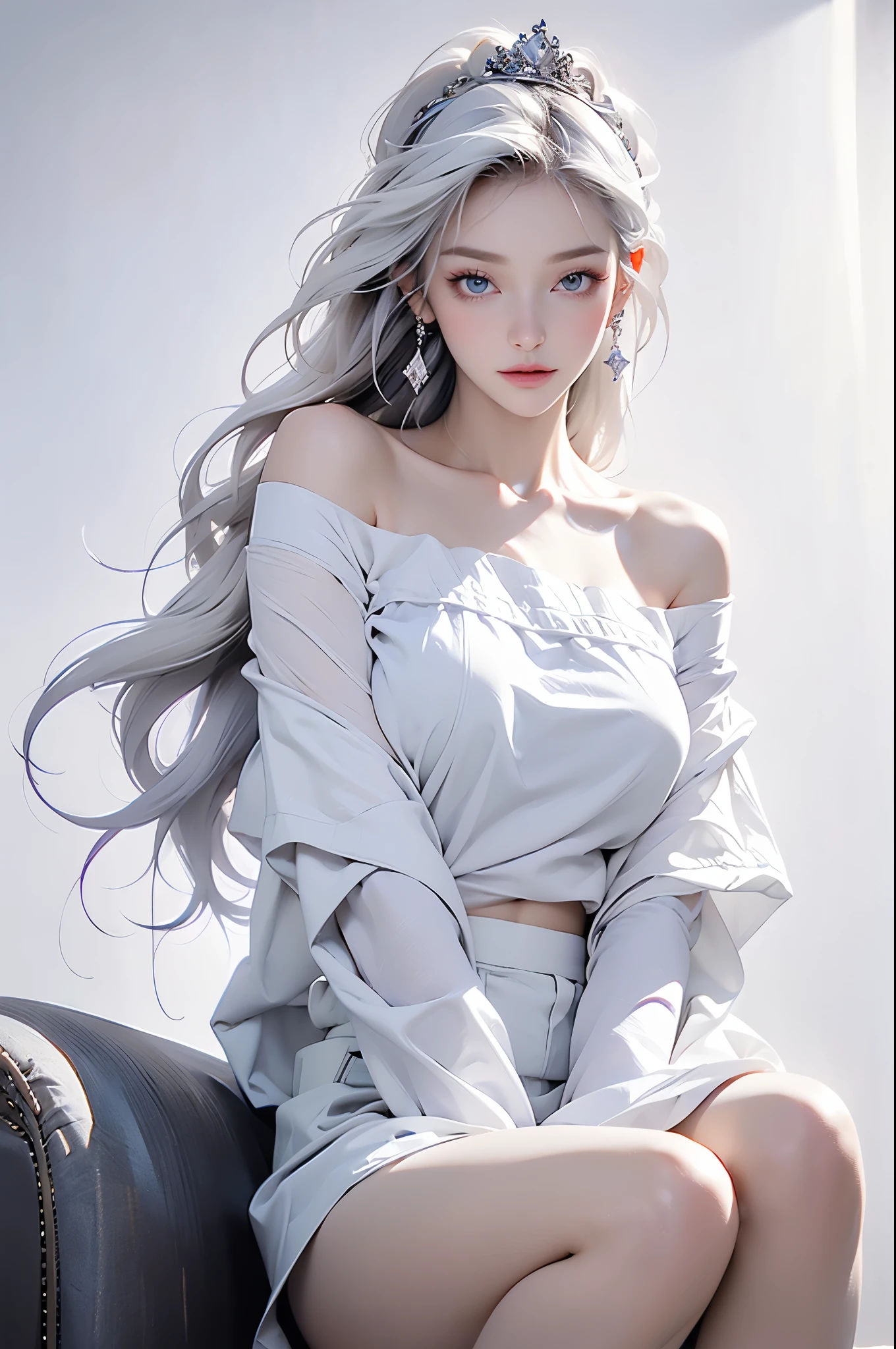 best quality, Very detailed, masterpiece, Super detailed, (Reality: 1.2), 1 girl, (White background), simple background, exquisite eyes, silver hair, purple eyes, hair_decoration, (white offshoulder shirt: 1.3), long hair, Pointy_ear, crown_braid, Poker face, straight hair, (++ sitting: 1.2), Room,Naked trench (huge breasts:1.2),wet skin（（rogue））Cool atmosphere