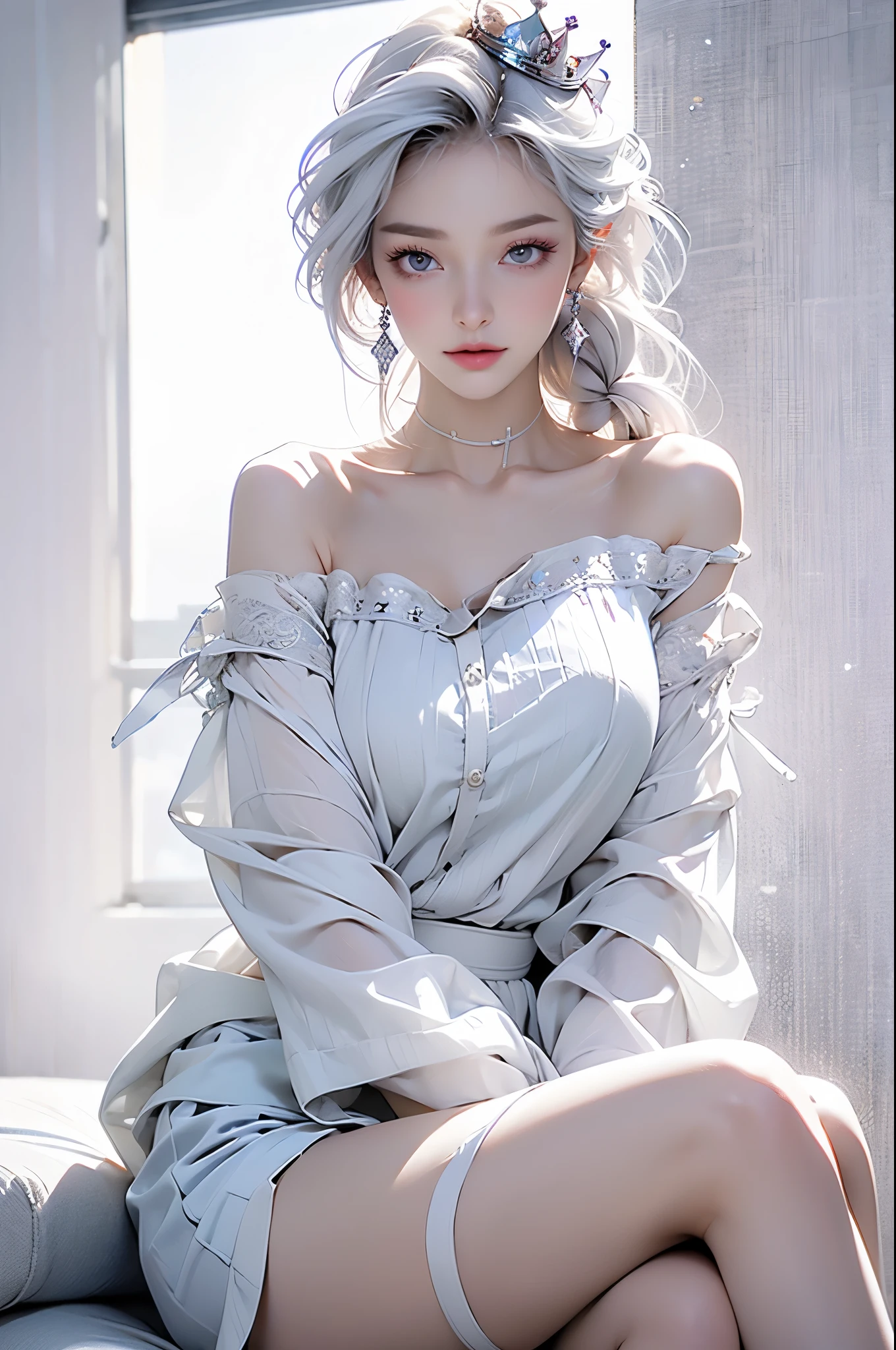 best quality, Very detailed, masterpiece, Super detailed, (Reality: 1.2), 1 girl, (White background), simple background, exquisite eyes, silver hair, purple eyes, hair_decoration, (white offshoulder shirt: 1.3), long hair, Pointy_ear, crown_braid, Poker face, straight hair, (++ sitting: 1.2), Room,Naked trench (huge breasts:1.2),wet skin((rogue))Cool atmosphere