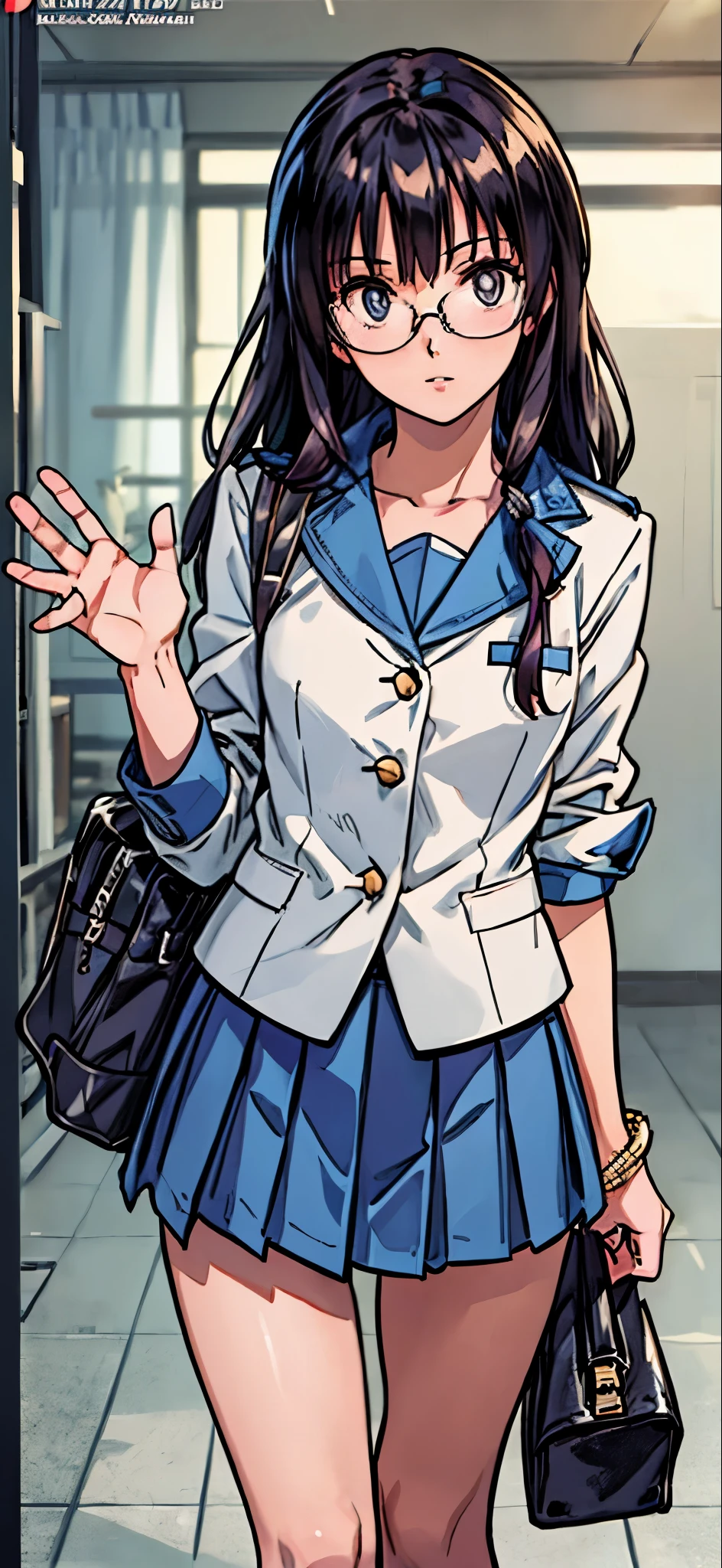 (highest quality,4K,8K,High resolution,table top:1.2), super detailed, (realistic,photorealistic,photo-realistic:1.37), ((cowboy shot)),((Glasses Girl)),Perplexed,((black hair)),((long hair)),((school-uniform)),((blazer)),Scarf,high socks, pumps,have a school shoulder bag,beautiful and fine eyes, beautiful detailed lips, highly detailed eyes and face, long eyelashes, realistic anime 3D style, Smooth anime CG art, Digital rendering by Makoto Shinkai, Moe anime art style, photorealistic rendering of an anime girl, Shinkai Makoto style, Cute anime girl visuals, realistic young anime girl, girl fan art, Created by Anime Artist'studio of.