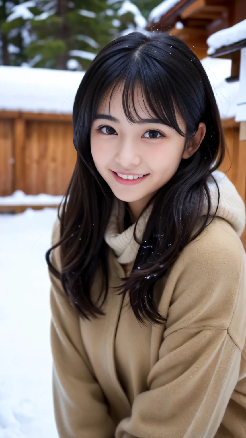 Best-quality, Masterpiece, Ultra-High-Resolution, (Photorealistic:1.4), Raw-Photo, 1girl, the most famous Japanese idol, having fun at heavy-snowy-mountain, wearing winter-clothes, extremely cute face like a most popular Japanese idol, ((extremely beautiful big-black-eyes)), extremely beautiful black-short-cut-haired, extremely beautiful long-eyelashes, extremely beautiful lips, extremely beautiful skins, extremely beautiful shoulders, innocent-smile, dynamic-pose