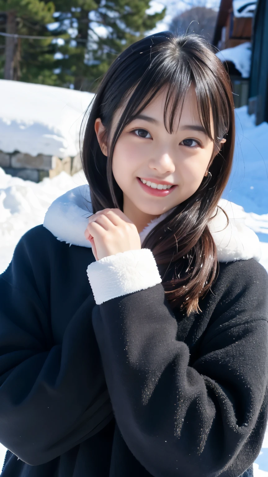 Best-quality, Masterpiece, Ultra-High-Resolution, (Photorealistic:1.4), Raw-Photo, 1girl, the most famous Japanese idol, having fun at heavy-snowy-mountain, wearing winter-clothes, extremely cute face like a most popular Japanese idol, ((extremely beautiful big-black-eyes)), extremely beautiful black-short-cut-haired, extremely beautiful long-eyelashes, extremely beautiful lips, extremely beautiful skins, extremely beautiful shoulders, innocent-smile, dynamic-pose