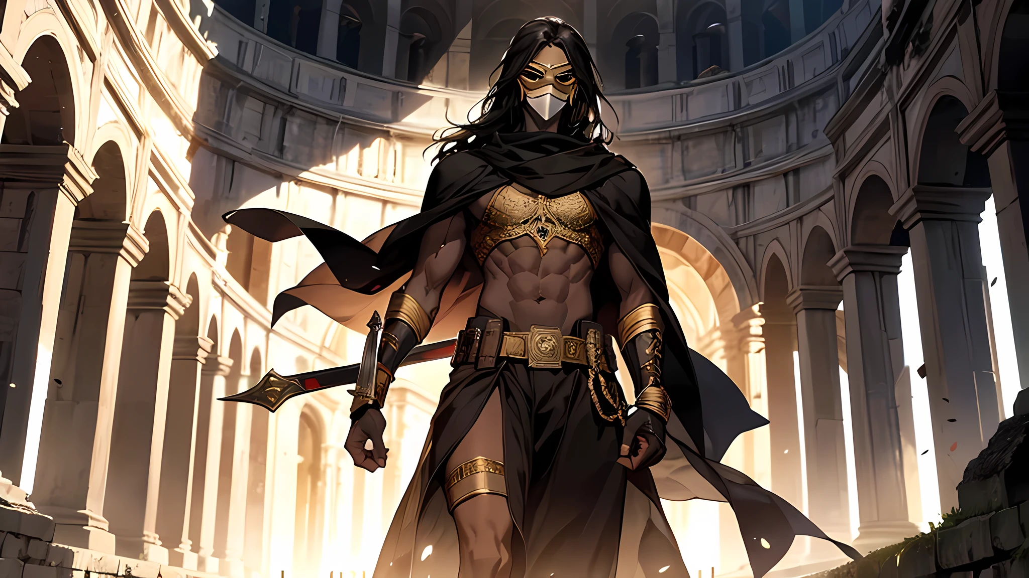 thin young man, dark skin wearing mask, V-shaped vendetta wears a golden mask, holding sword, in a center of colloseum arena, gladiator, intricate muscular details, long black hair tied up