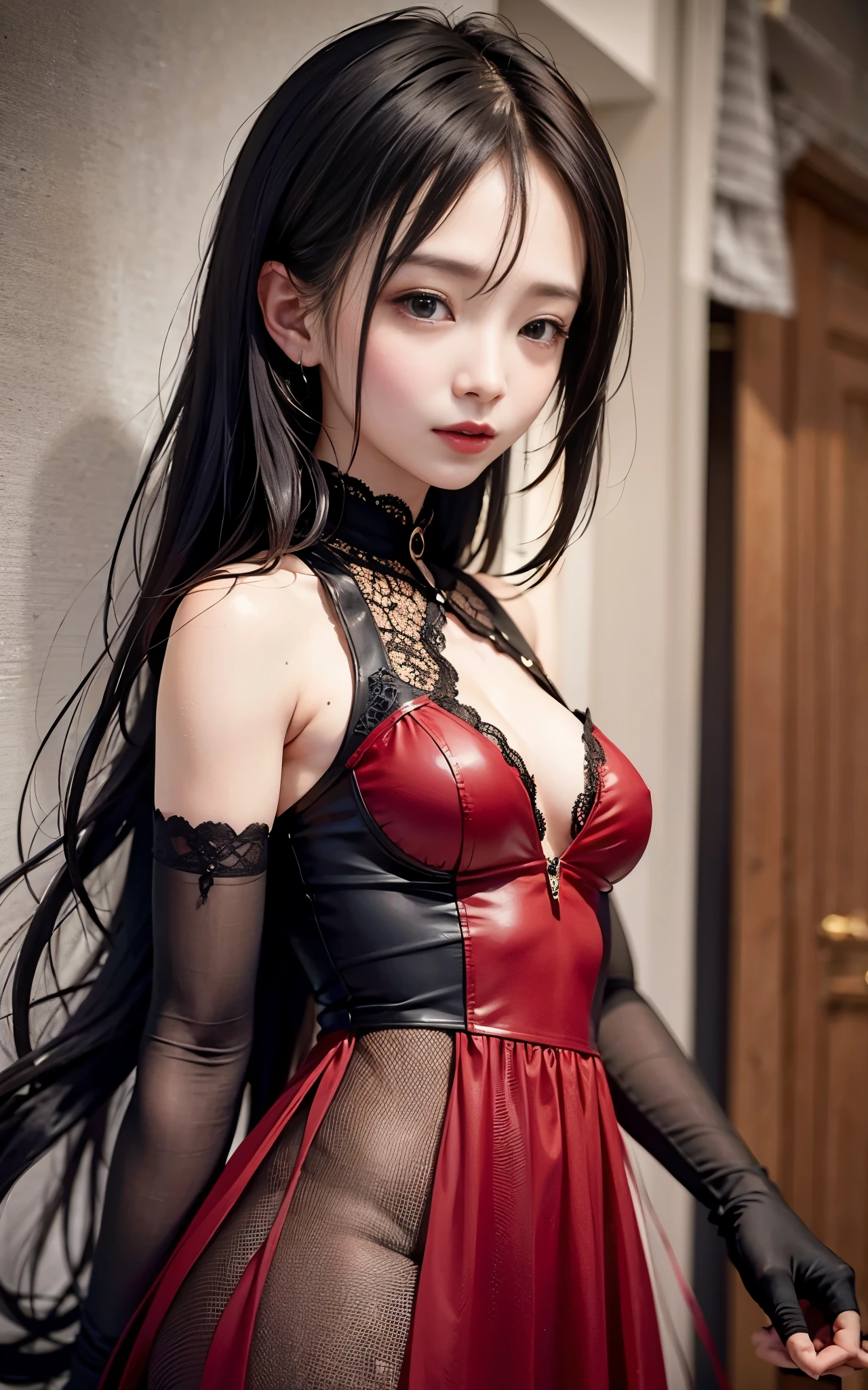 a close up of a person wearing gloves and a dress, 2b, 2 b, seductive gentiana, pretty face with arms and legs, anime girl in real life, with black pigtails, hyper realistic anime, ultra realistic picture, portrait of gentiana, pale goth beauty, gentiana, hime cut hair style, black hair woman, sexy, milf, (nsfw:1.5), look at camera, huge breast, final fantasy XV, Gentiana, Final Fantasy XV, MILF, sexy ,(nsfw:1.5), long hair, hime cut hair style, Black hair, (front focus), (in the dark:1.6), Hyperrealist portrait of female by david hockney and alphonse mucha, fantasy art, photo realistic, dynamic lighting, artstation, poster, volumetric lighting, very detailed faces, 4 k, award winning, 2girl, in the dark, deep shadow, low key, cowboy shot, (official clothing:1.4), long hair, white hair, european woman,  up face, white girl, cow girl pose, look at camera, , zoom in, European face