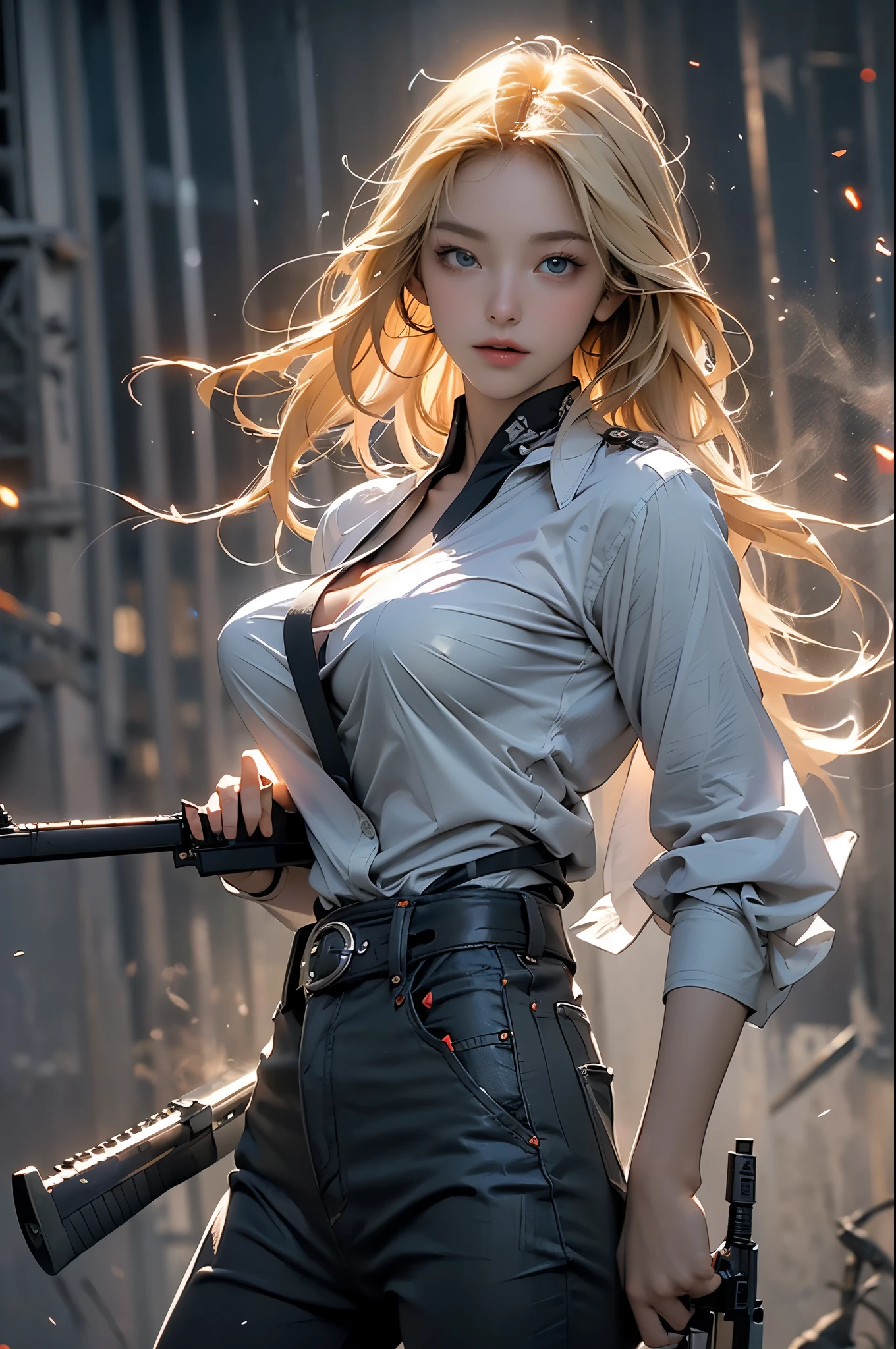 {{masterpiece, top quality, HigHly detailed CG, uniFied 8k wallpaper, movie ligHting, lens Flare}}, 1 girl Holding a riFle tHrougH tHe wall, Great view, tHick body, long blonde Hair soaring in tHe wind, green eyes, (Holding a weapon, Holding a riFle, Aim for, Aim for: 1.4), guns, H&k Hk416, 马guns, open Fire, rubble, ruins oF conFlict areas, plume, smoke of gunpowder, shockwave, flying bullets, sniper, 35mm, F/1.8, nigHt,Naked trench (huge breasts:1.2),wet skin((rogue))Cool atmosphere