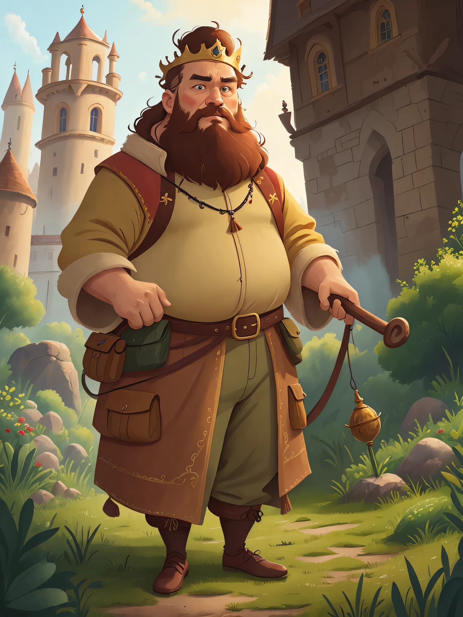 (A king wearing a crown stood in front of the palace, with heavy colored short hair, a beard, a fat king, and a full body:1.5),High definition, detailed, ultra detailed,Medieval Europe, medieval clothing, watercolor, medieval style,