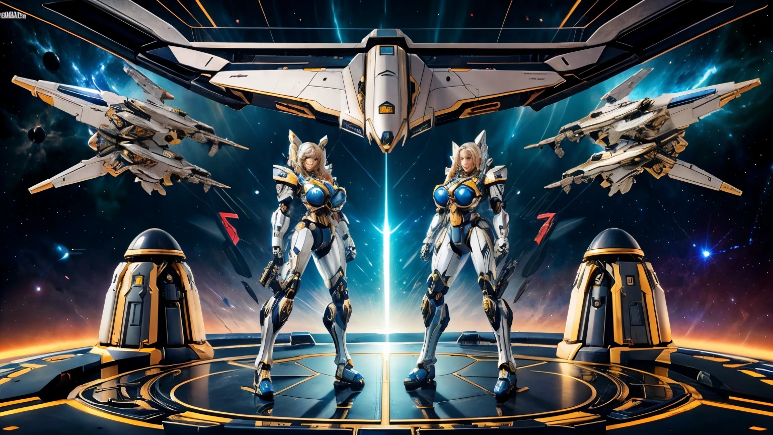 Masterpiece, Female Mecha Warrior in front of space ships, giga_busty, full body shot