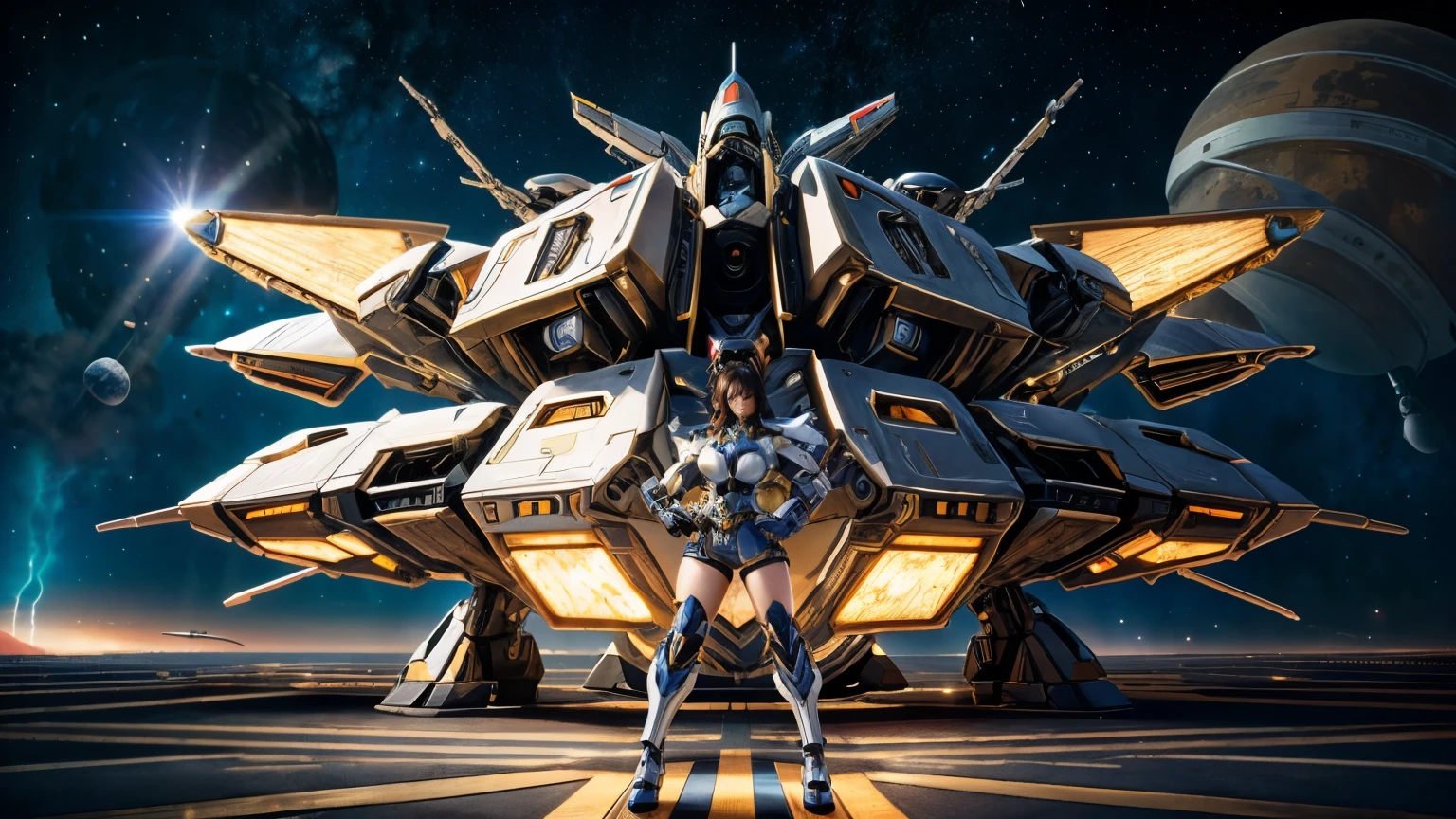 Masterpiece, Female Mecha Warrior in front of space ships, giga_busty, full body shot