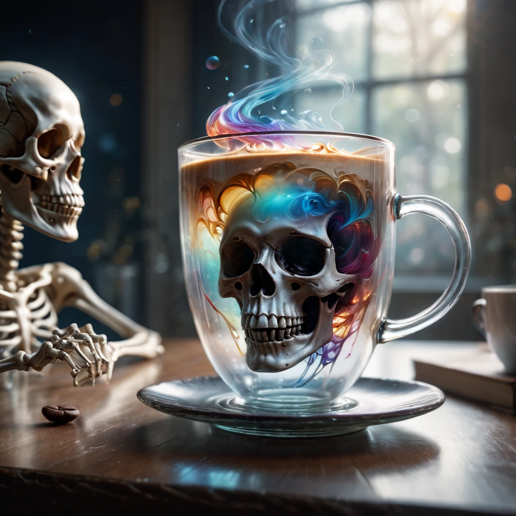 Create a whimsical, colorful, ethereal, enchanting, magical, combining a double exposure effect with transparent imagery, merging the two images, so they blend seamlessly, the image of a dreamlike transparent coffee cup in the foreground on a table, and in the background is a beautiful-faded skeleton photography, close-up, studio photo, highly detailed, impressive, 8k resolution, haze, ultra-detailed, film photography, light leaks, Larry Bud Melman, trending on artstation, sharp focus, studio photo, intricate details, highly detailed, by greg rutkowski