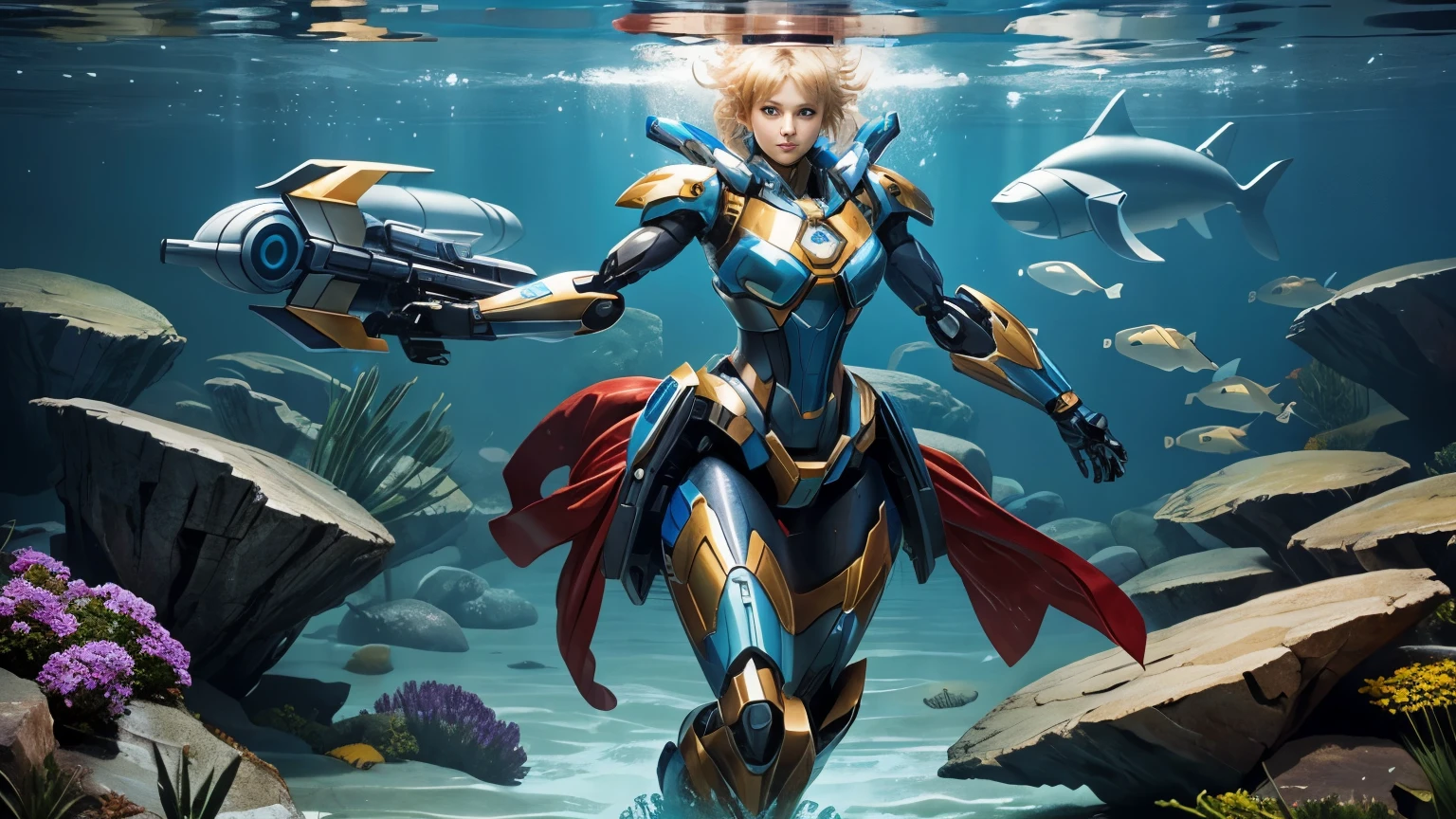 Masterpiece, Female Mecha Warrior under water, full body shot