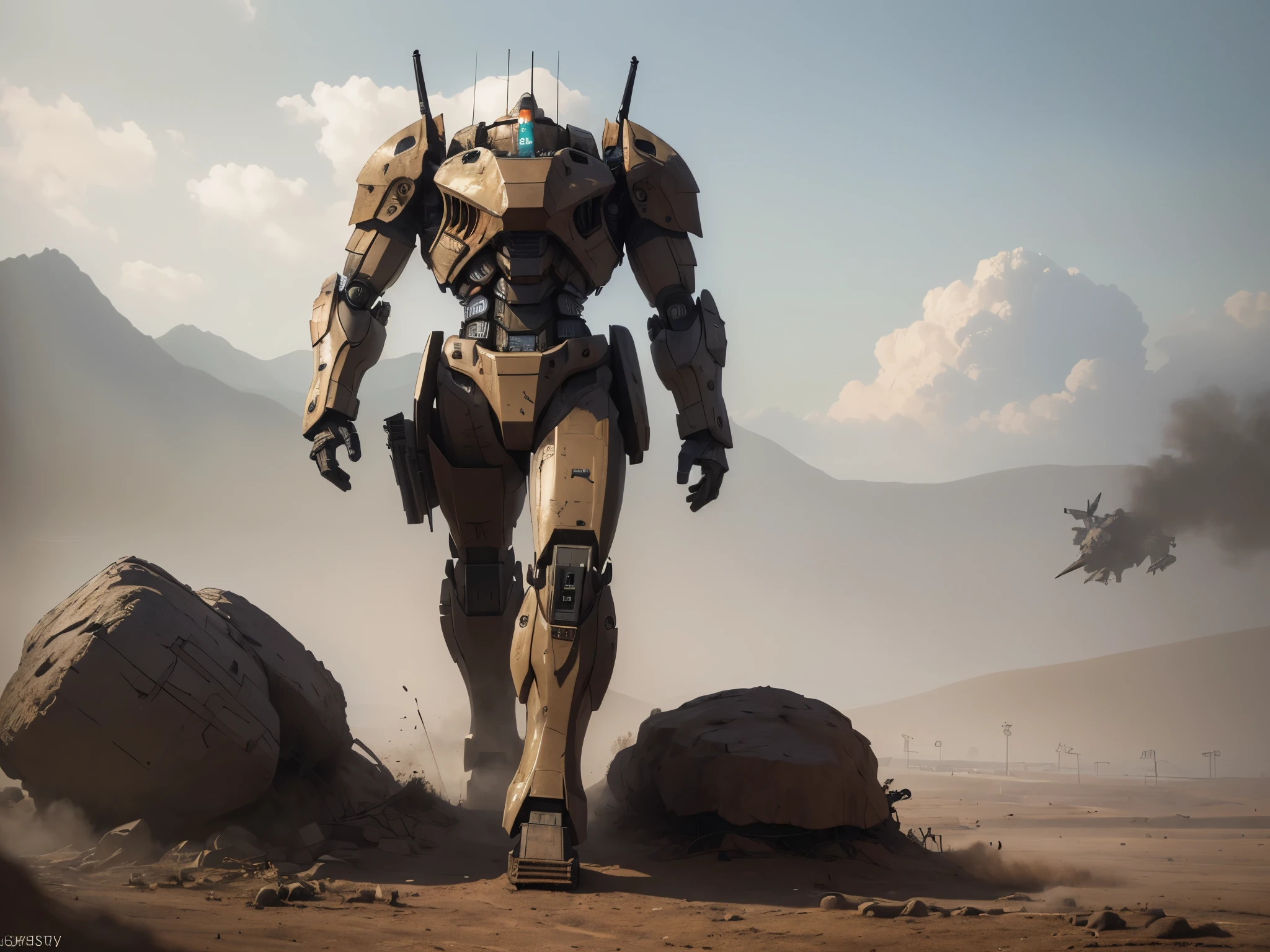 (best quality,4k,8k,highres,masterpiece:1.2),ultra-detailed,(realistic,photorealistic,photo-realistic:1.37),mech warrior, battle tech, dreary landscape, dusty, heavy machinery