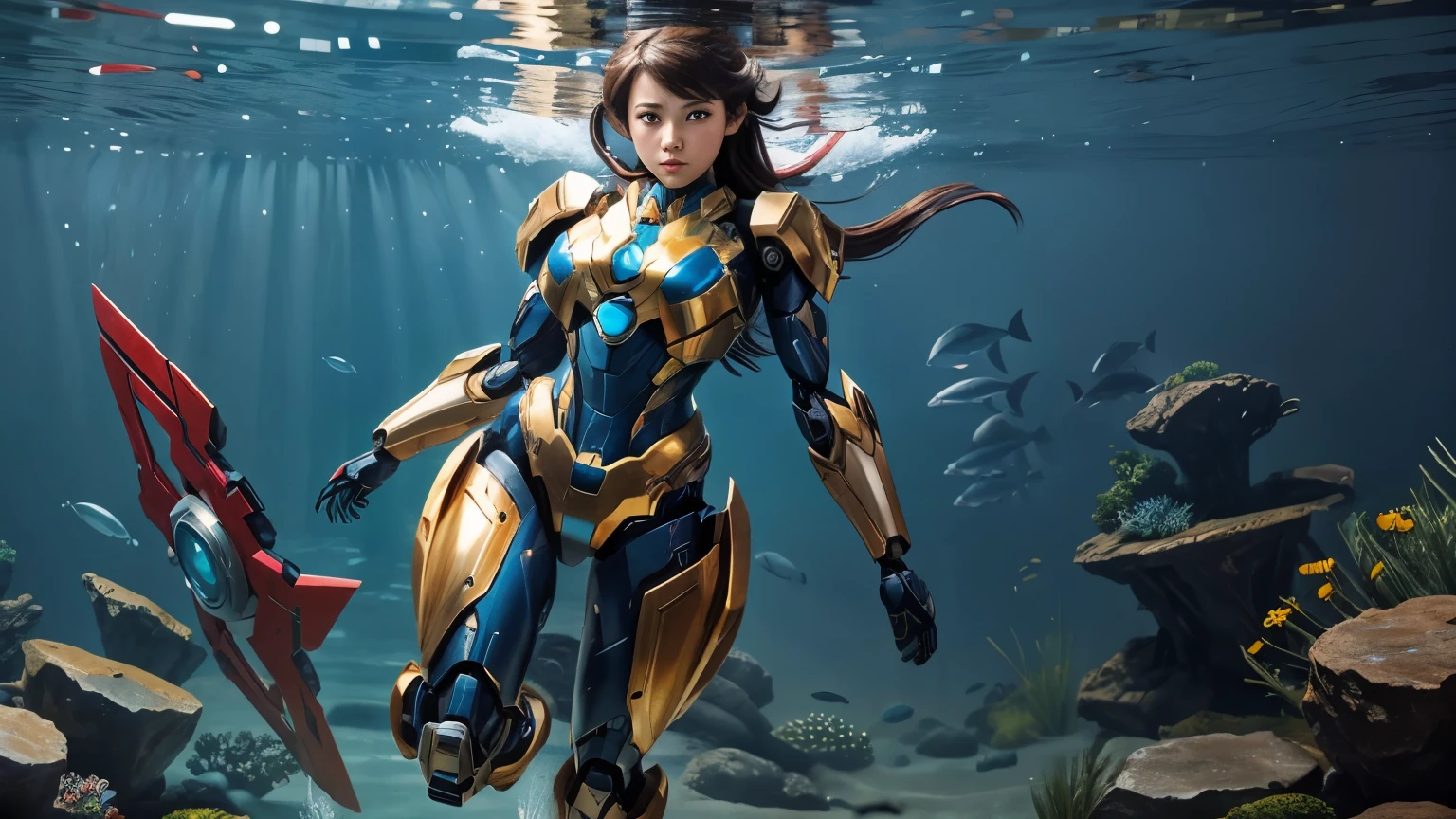Masterpiece, Female Mecha Warrior in front of space ships, giga_busty