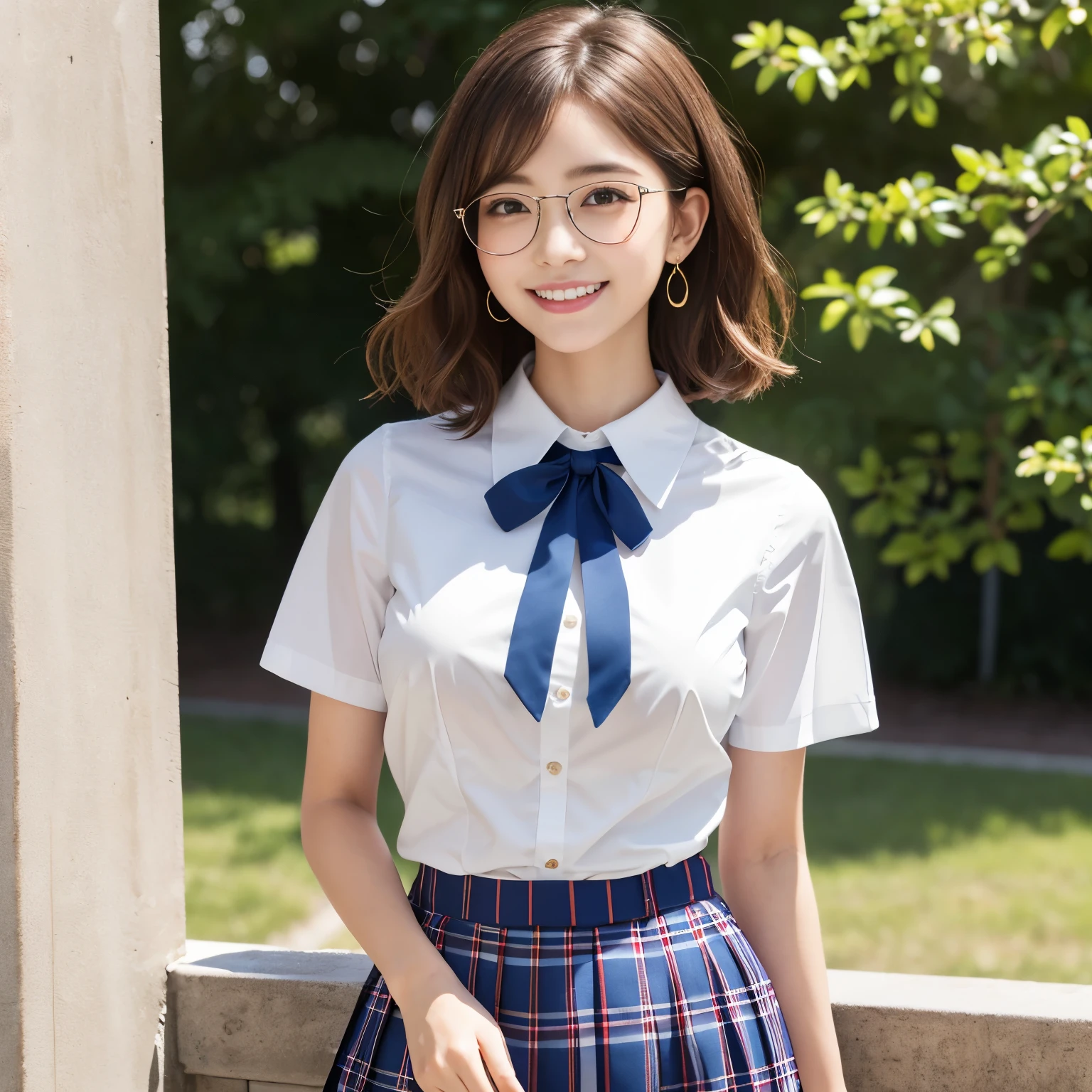 (masterpiece、highest quality、ultra high resolution、8K)、(1 :1.1)、(perfect anatomy:1.1)、(Strong wavy berry short hair:1.1)、(big breasts:1.1)、(emphasize the bust line:1.1)、(high school white shirt:1.05)、(Navy pleated skirt with plaid pattern:1.1)、(School uniform ribbon that fits perfectly on the chest:1.1)、(Beautiful white skin that reflects light and shines beautifully:1.1)、Moist eyes、Brown glittery hair、Colors and landscapes of youth、outside、A shy smile looked at me、(very bright and refreshing:1.05)、Fashionable round glasses、bright and vivid