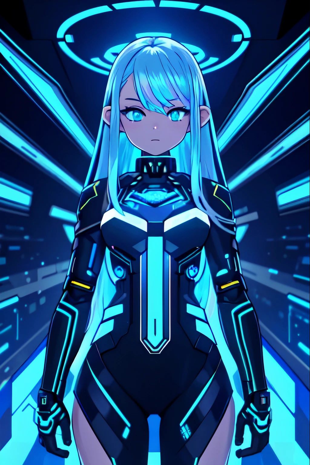 girl, full body image, 3D, rendering, high quality, intricate, masterpiece, futuristic clothing with blue and white tones with technological details and electronic circuits, electric green eyes with zeros and ones in the pupil with digital distortion effect, hair vibrant blue medium length, wavy hairstyle, halo on the head formed with holographic effect,