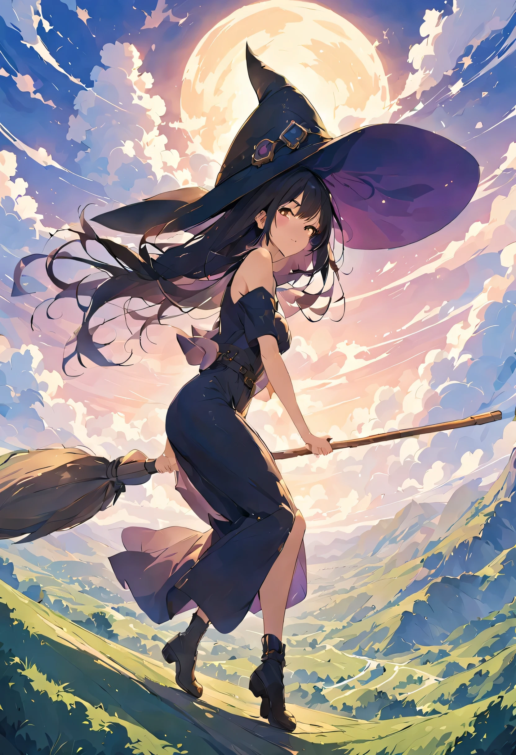 ((((空を飛ぶwitch))),((Ride a broom)),Straddling a broom,fantasy,beautiful light and shadow,anatomically correct,masterpiece,highest quality,最高masterpiece,8K,Use of magic,witch:witchの帽子:witchの衣装:be familiar with,Wind,fantasy,wonderful,An illustration,digital art,wonderful,wonderful,カラーAn illustration,rich colors,