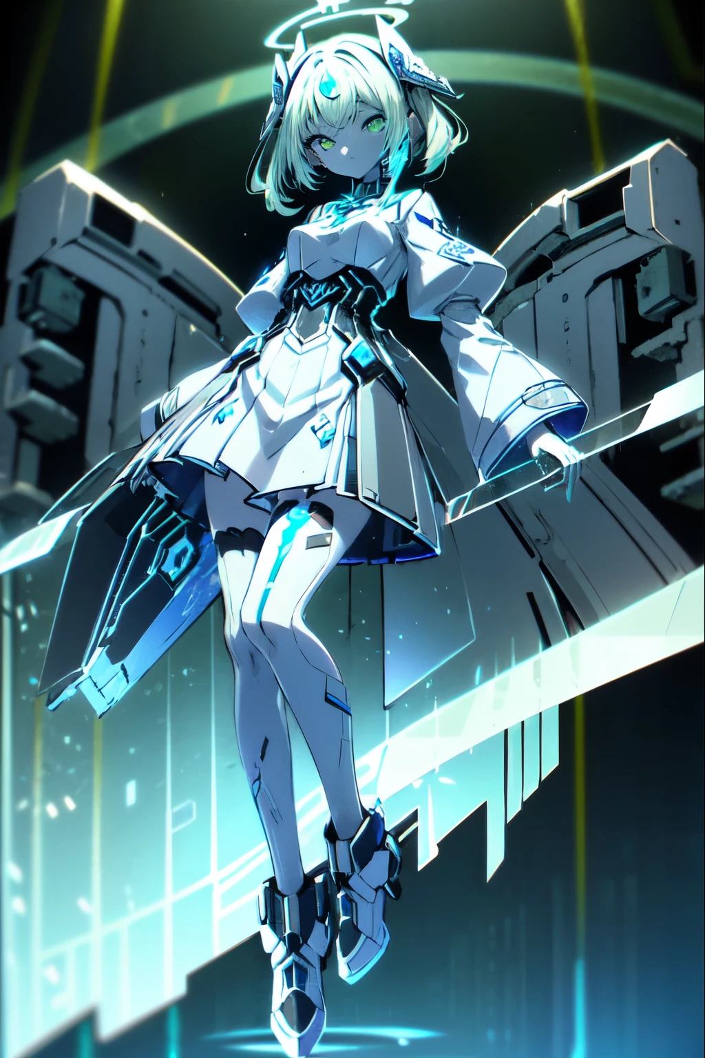 girl, full body image, 3D, rendering, high quality, intricate, masterpiece, futuristic clothing with blue and white tones with technological details and electronic circuits, ((electric green eyes with zeros and ones in the pupil with digital distortion effect)), hair vibrant blue medium length, wavy hairstyle, halo on the head formed with holographic effect,