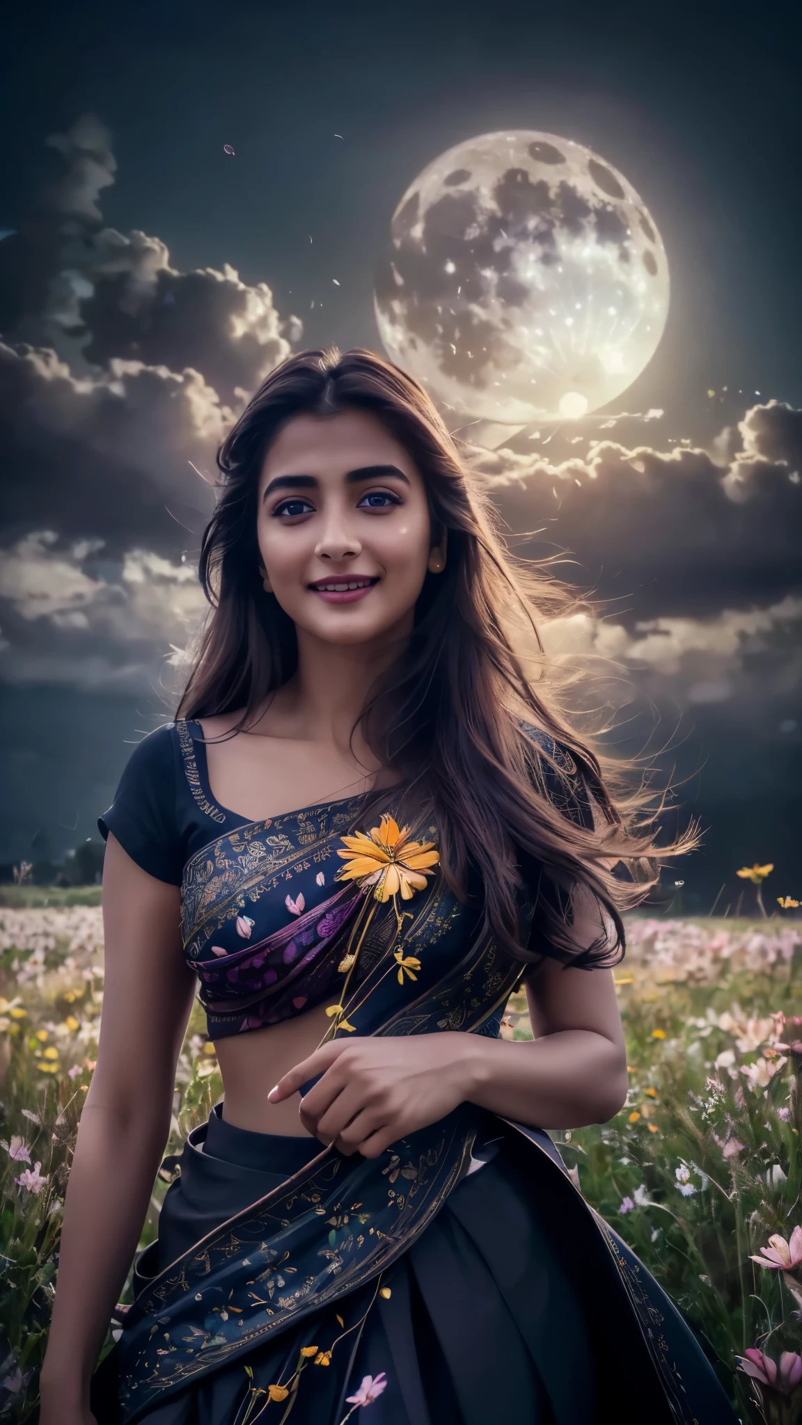 masterpiece, best quality, 1girl, (colorful),(finely detailed beautiful eyes and detailed face),cinematic lighting,bust shot,extremely detailed CG unity 8k wallpaper,,solo,smile,intricate skirt,((flying petal)),(Flowery meadow) sky, cloudy_sky, building, moonlight, moon, night, (dark theme:1.3), light, fantasy,pooja1