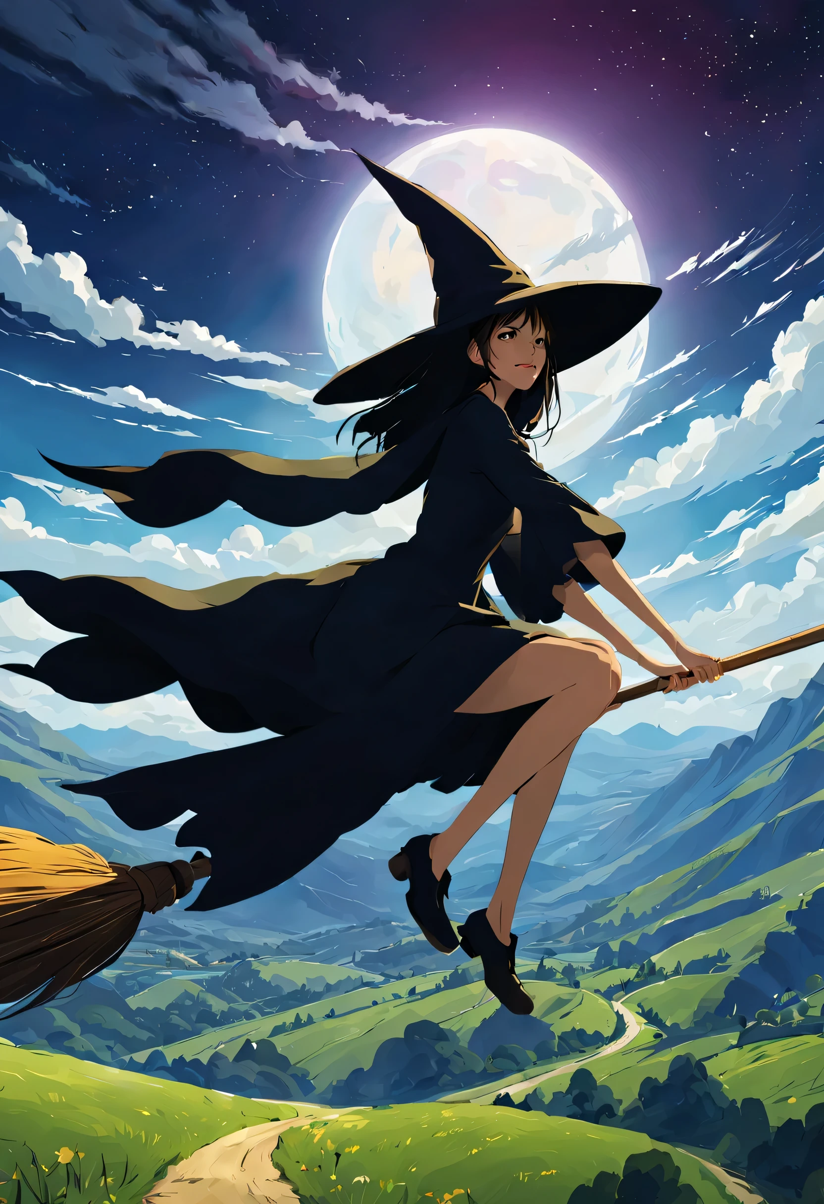 ((((空を飛ぶwitch))),((Ride a broom)),Straddling a broom,fantasy,beautiful light and shadow,anatomically correct,masterpiece,highest quality,最高masterpiece,8K,Use of magic,witch:witchの帽子:witchの衣装:be familiar with,Wind,fantasy,wonderful,An illustration,digital art,wonderful,wonderful,カラーAn illustration,rich colors,