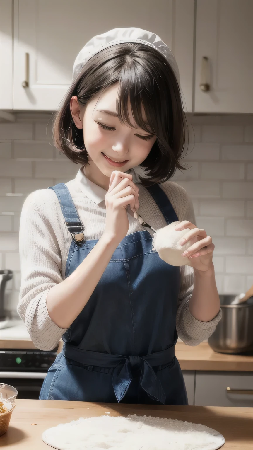 A whimsical illustration of a playful woman with a neatly trimmed bob, sporting a vintage apron in a brightly colored kitchen. She whisks batter in a mixing bowl, a mischievous glint in her eyes. Flour playfully dusts her nose, and colorful ingredients scattered around create a sense of fun and creativity. Render in a soft, cartoon style with vibrant colors and expressive lines, capturing her lighthearted energy and love for baking