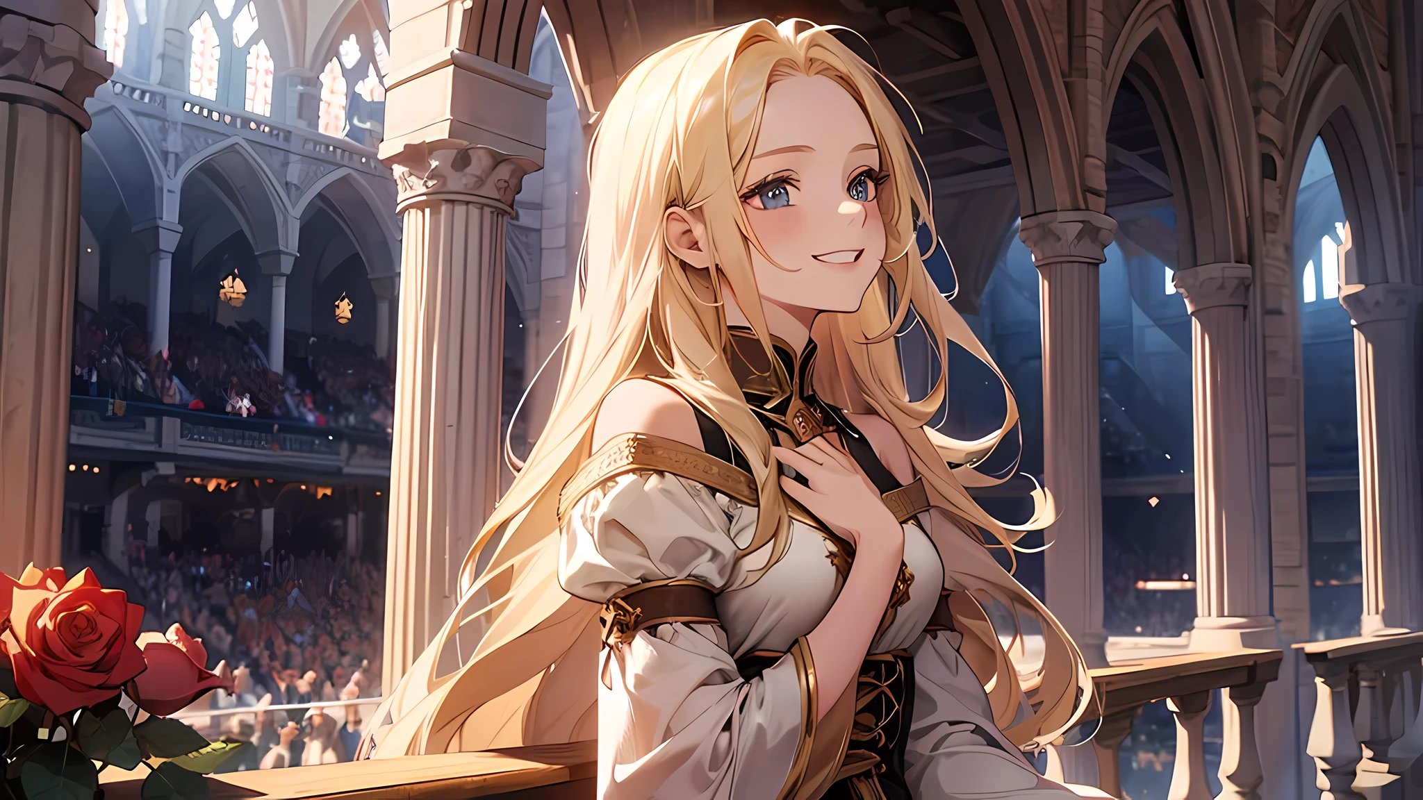 beautiful girl, medieval times, long blonde hair, full of excitement, smiling, a girl yet in the more tender years of age, who was sitting in one of the grandstands among the front row seats. High pillars, which rose from the corners in the left and right, supported a roof that covered the stand.