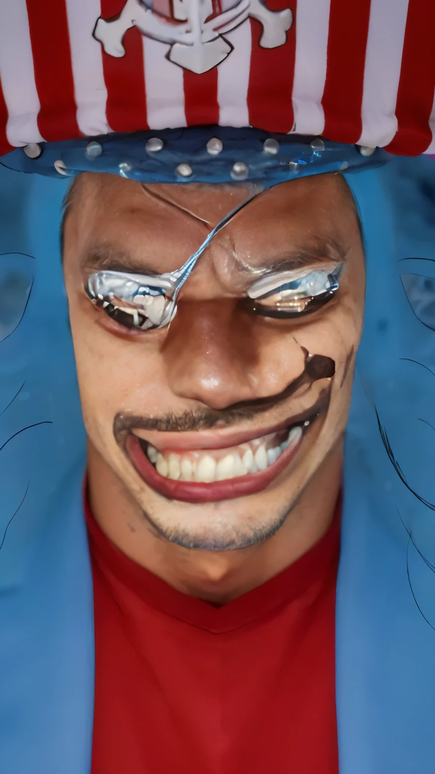 (masterpiece), (realistic), (ultra detailed), ( high reest quality), (photorealistic), (perfect face), (perfect anatomy),((( man)), ((male)), solo, (((35 years old))), buggy from one piece, buggy, one piece, potrait of buggy from one piece, blue  hair, long hair, crazy detail, realistic, professional photography, 8k UHD, SLR camera, soft lighting, high quality, film grain, Fujifilm XT3, (detailed face and eyes), (face: 1 2), noise, extra, detailed skin, , 