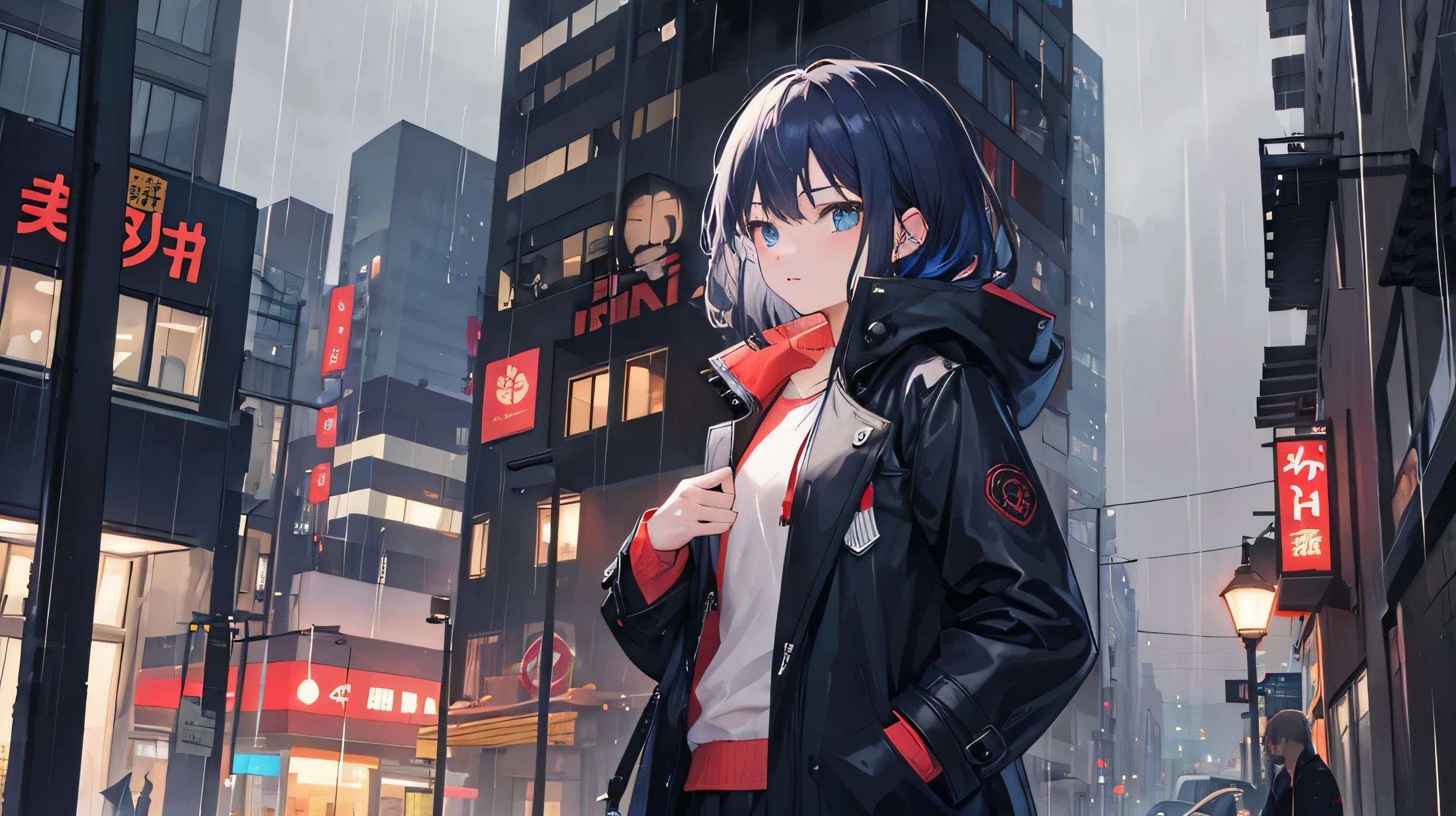1 girl,City of night,rain,coat,put one'Hand in hand'pocket of