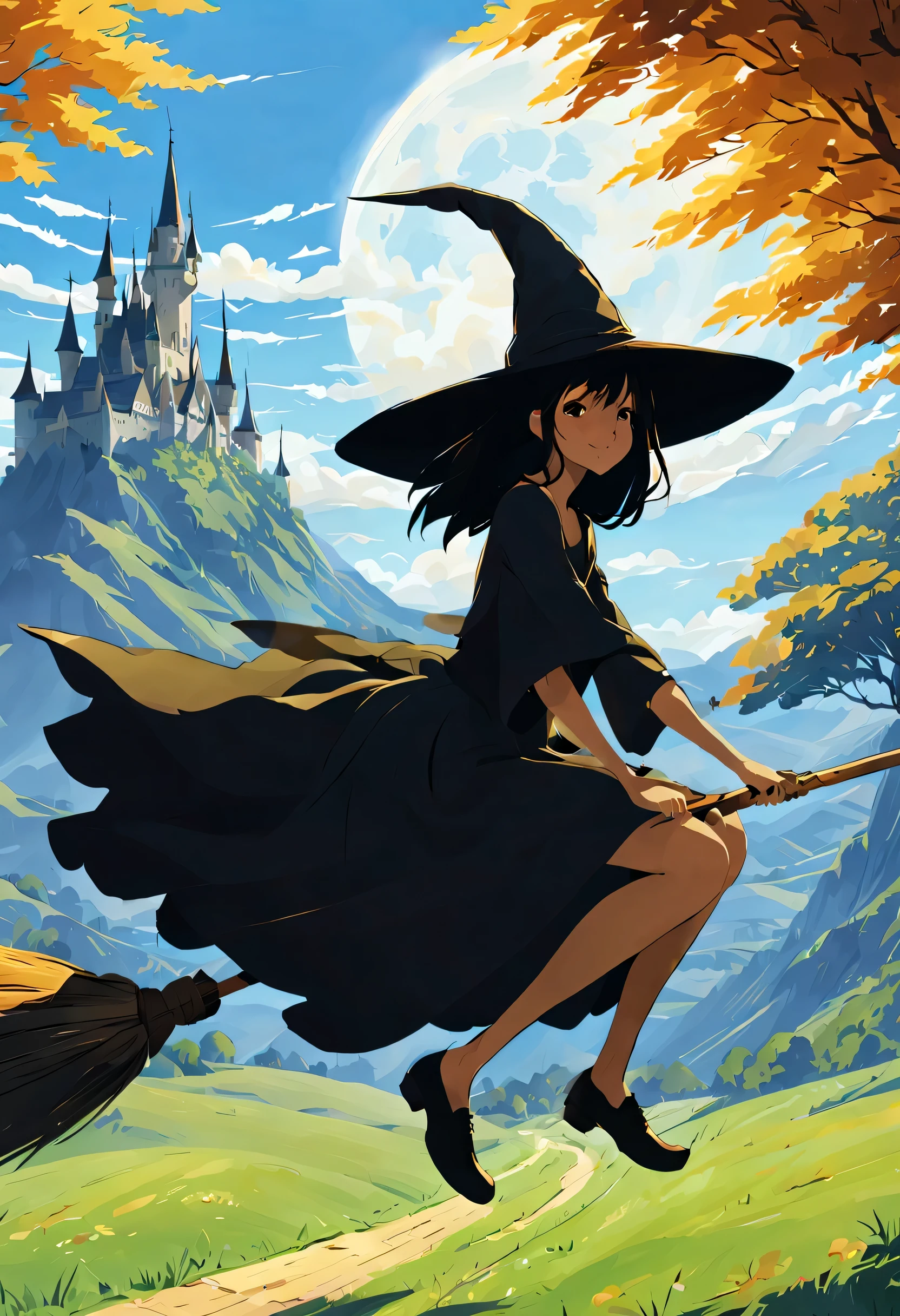 ((((空を飛ぶwitch))),((Ride a broom)),Straddling a broom,fantasy,beautiful light and shadow,anatomically correct,masterpiece,highest quality,最高masterpiece,8K,Use of magic,witch:witchの帽子:witchの衣装:be familiar with,Wind,fantasy,wonderful,An illustration,digital art,wonderful,wonderful,カラーAn illustration,rich colors,