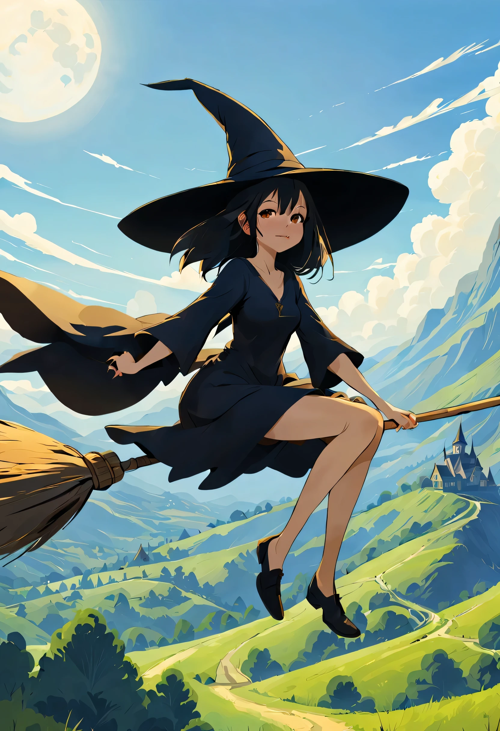 ((((空を飛ぶwitch))),((Ride a broom)),Straddling a broom,fantasy,beautiful light and shadow,anatomically correct,masterpiece,highest quality,最高masterpiece,8K,Use of magic,witch:witchの帽子:witchの衣装:be familiar with,Wind,fantasy,wonderful,An illustration,digital art,wonderful,wonderful,カラーAn illustration,rich colors,