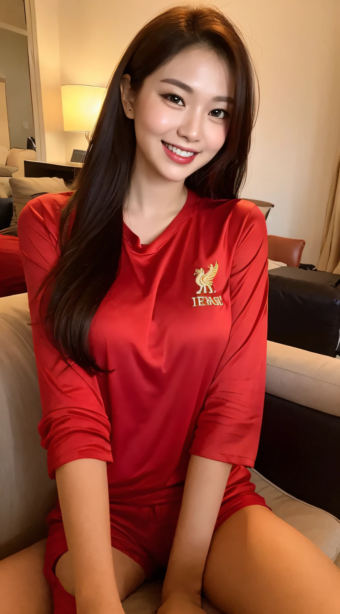 In the living room there was a woman., Approximately 23 years old.Wearing a red T-shirt with the Liverpool logo on the left chest., no bra, Silk pajamas, Smiling dryly, Looks quiet., lose, alone, The most realistic images.Ultra bright resolution 128k