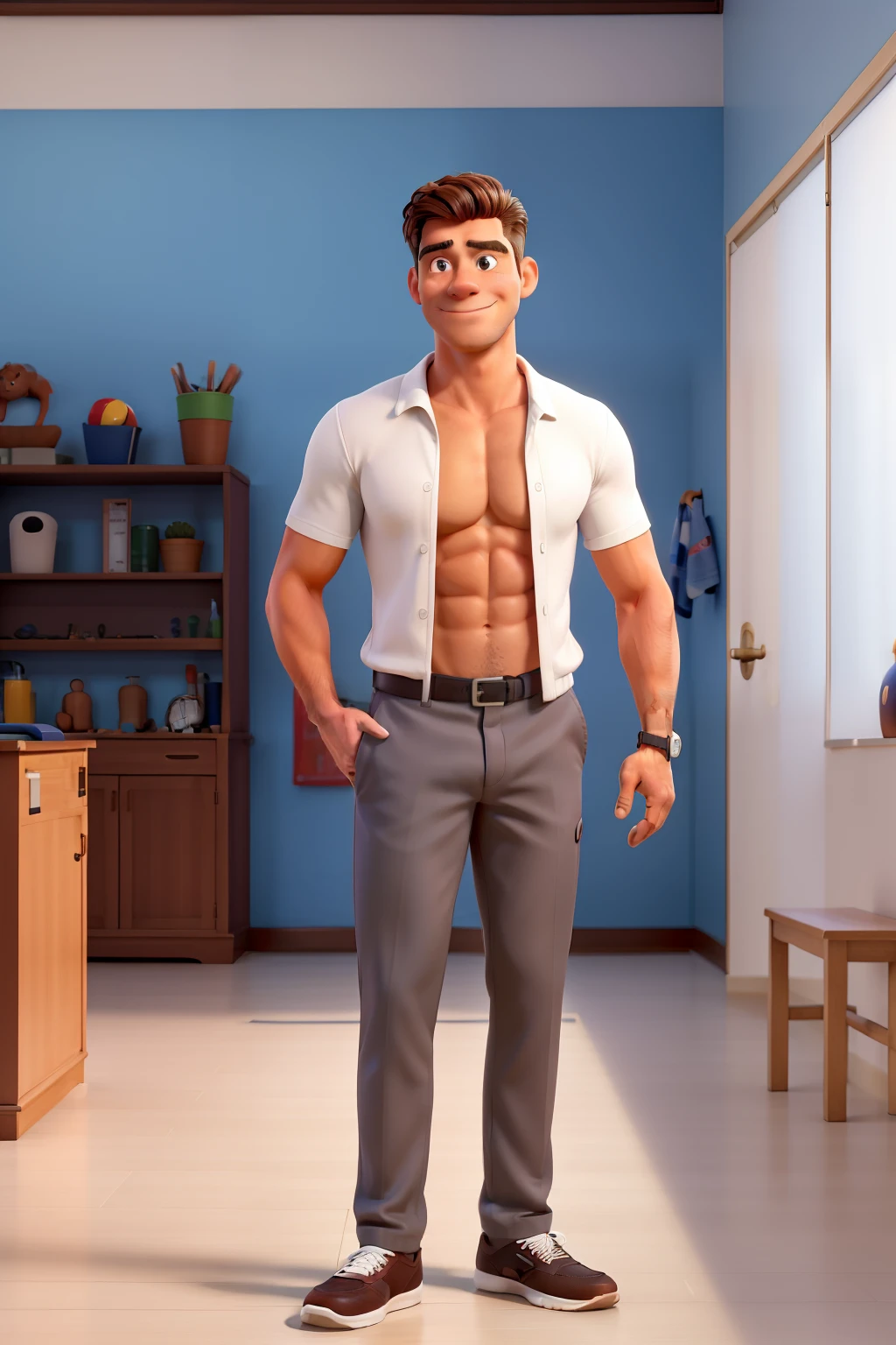 Physical Education Teacher,homem,moreno,nariz afilado,cabelo baixo,na academia com seus alunos adultos 