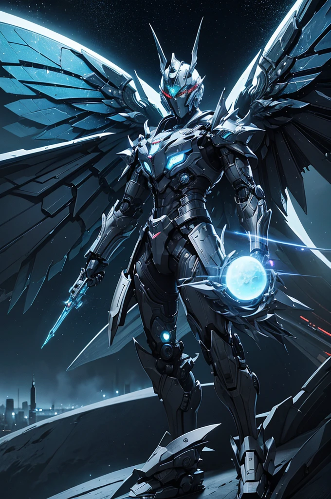 A miracle of technology. Mechanical warriors are a miracle of technology.,Advanced technology,futuristic glowing, armor, Glowing mecha, They have large wings and advanced weapons and equipment,Cyberpunk can exert powerful power in battle,Mechanical,glowing eyes,Metal surface electromagnetic field,sharp edge depth of field,Maximum Clarity and Clarity Lighting Effects Fantasy Art Mystical Atmosphere Complex Details Expansive Views, Surreal, Very detailed, number, Surreal主义