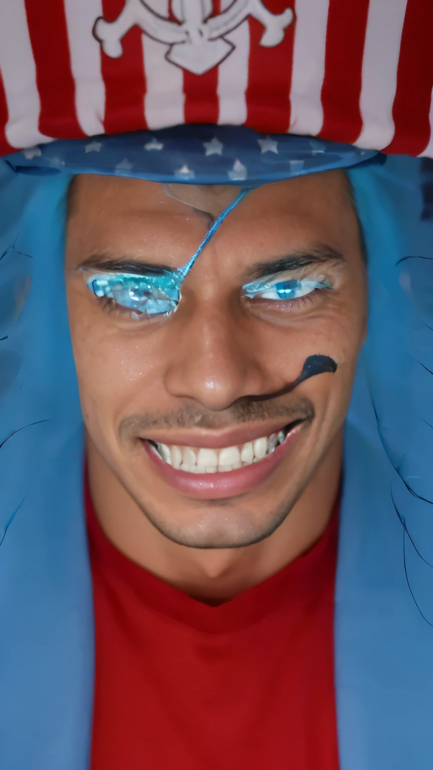 (masterpiece), (realistic), (ultra detailed), ( high reest quality), (photorealistic), (perfect face), (perfect anatomy),((( man)), ((male)), solo, (((35 years old))), buggy from one piece, buggy, one piece, potrait of buggy from one piece, blue  hair, long hair, crazy detail, realistic, professional photography, 8k UHD, SLR camera, soft lighting, high quality, film grain, Fujifilm XT3, (detailed face and eyes), (face: 1 2), noise, extra, detailed skin, , 