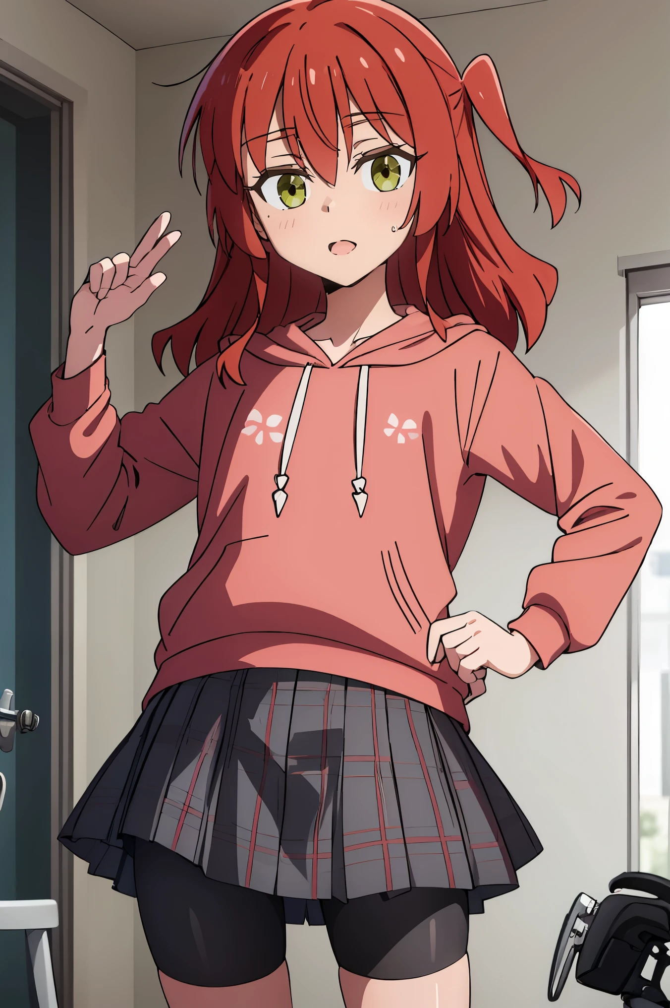 1 girl, hdr, ikuyo kita, red hair, one side up, long hair, green eyes, hoodie, pink hoodie, long sleeves, brown skirt, plaid skirt, bike shorts, standing, open mouth, looking at viewers, background room, bike shorts under skirt,