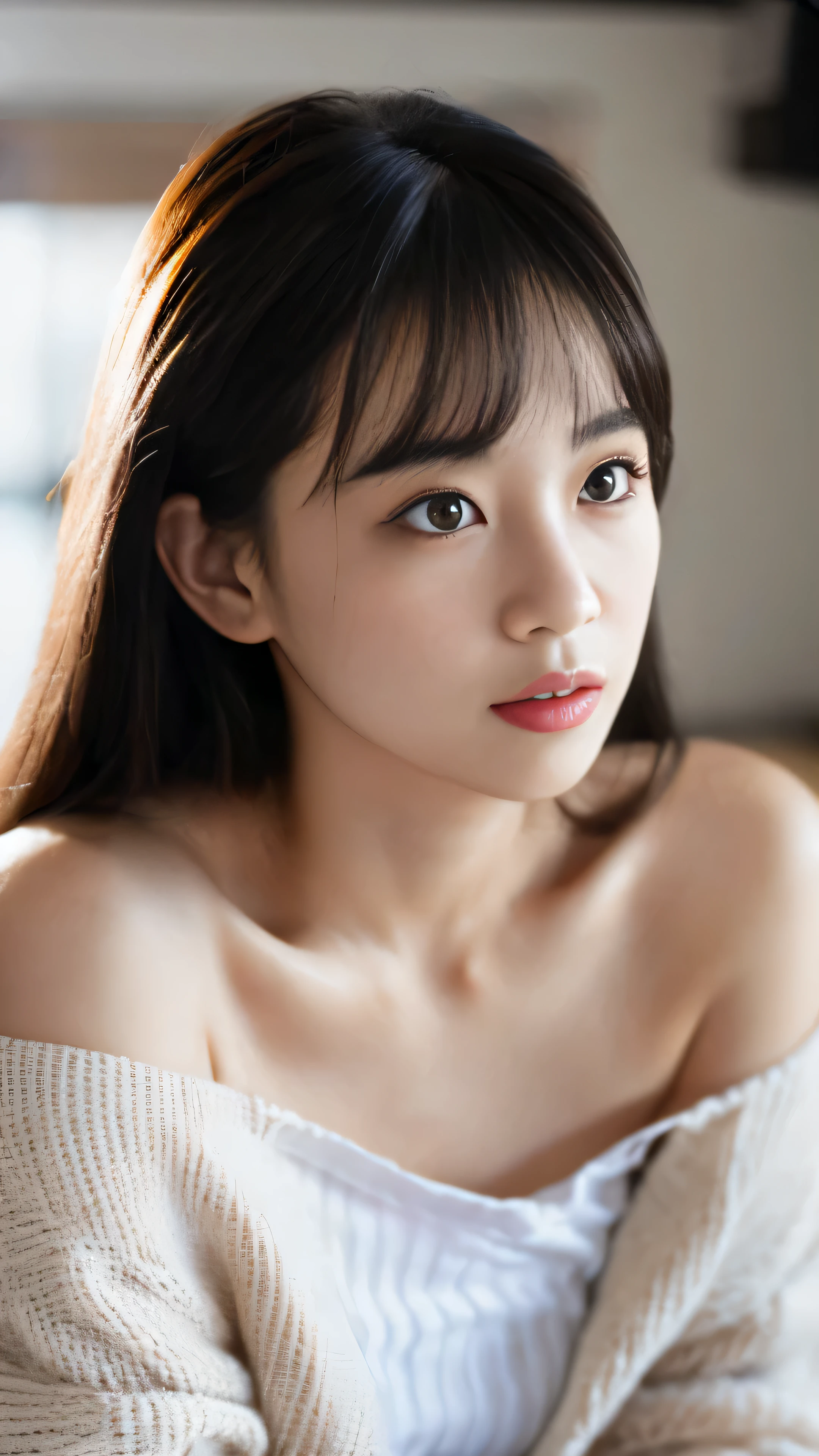 Best quality, masterpiece, ultra high res, (photorealistic: 1.4), raw photo, 1girl, off shoulder, cinematic lighting, kissing poses, heterochromia