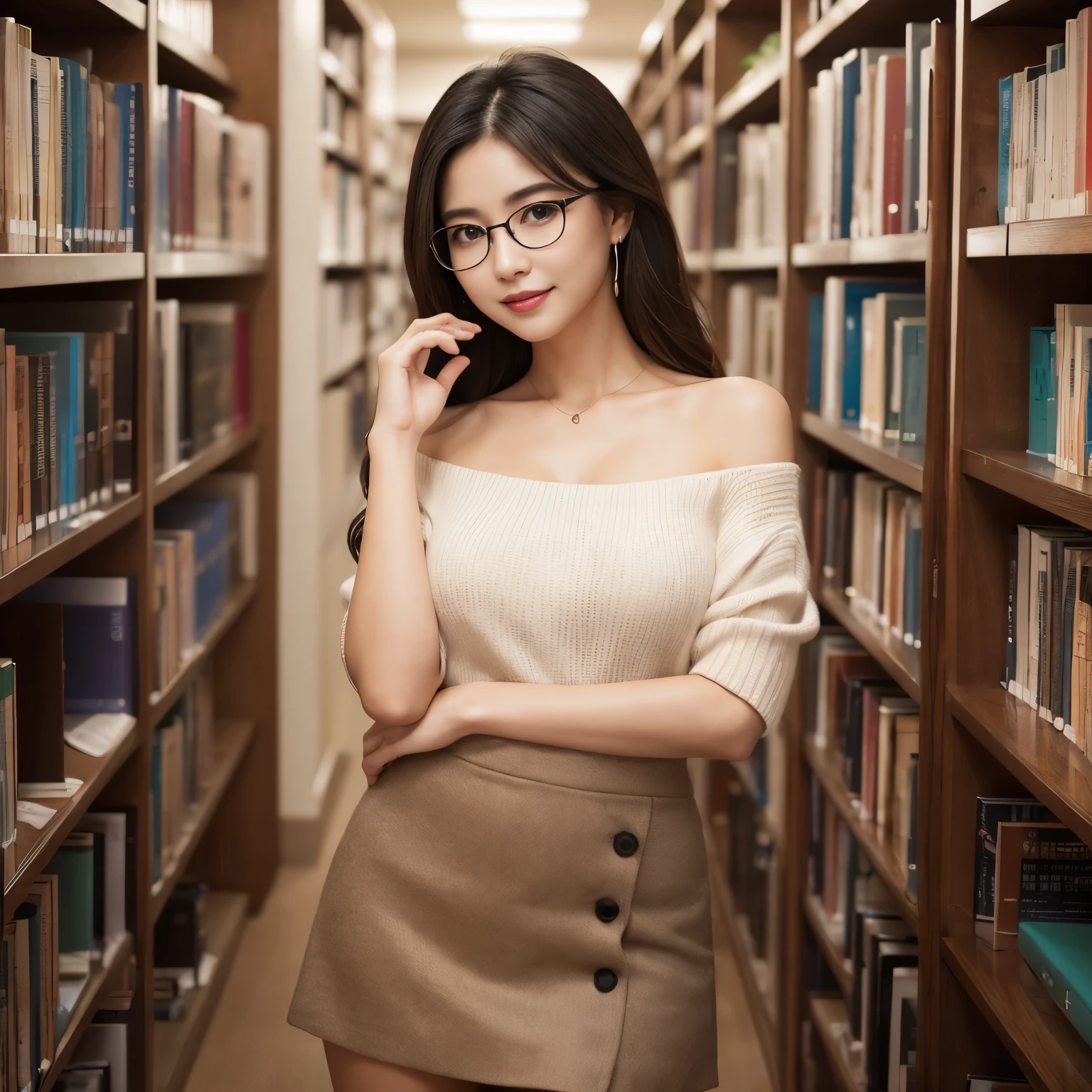 ((highest quality、masterpiece、Highest image quality、Award-winning work、8K resolution、professional photography)), one beautiful woman、causal clothing、Classy knitwear、elegant mini tight skirt、Photo above the legs、[clavicle]、A dreamy smile looking at me、accurate anatomy、perfect makeup、dark lipstick、long eyelashes、(Super high resolution glossy white skin:1.1)、very detailed face、Classy glasses、Beautiful woman portrait photo、blurred library background、Romantic、love mood、Upper body photo of a beautiful woman standing、Moody warm lighting